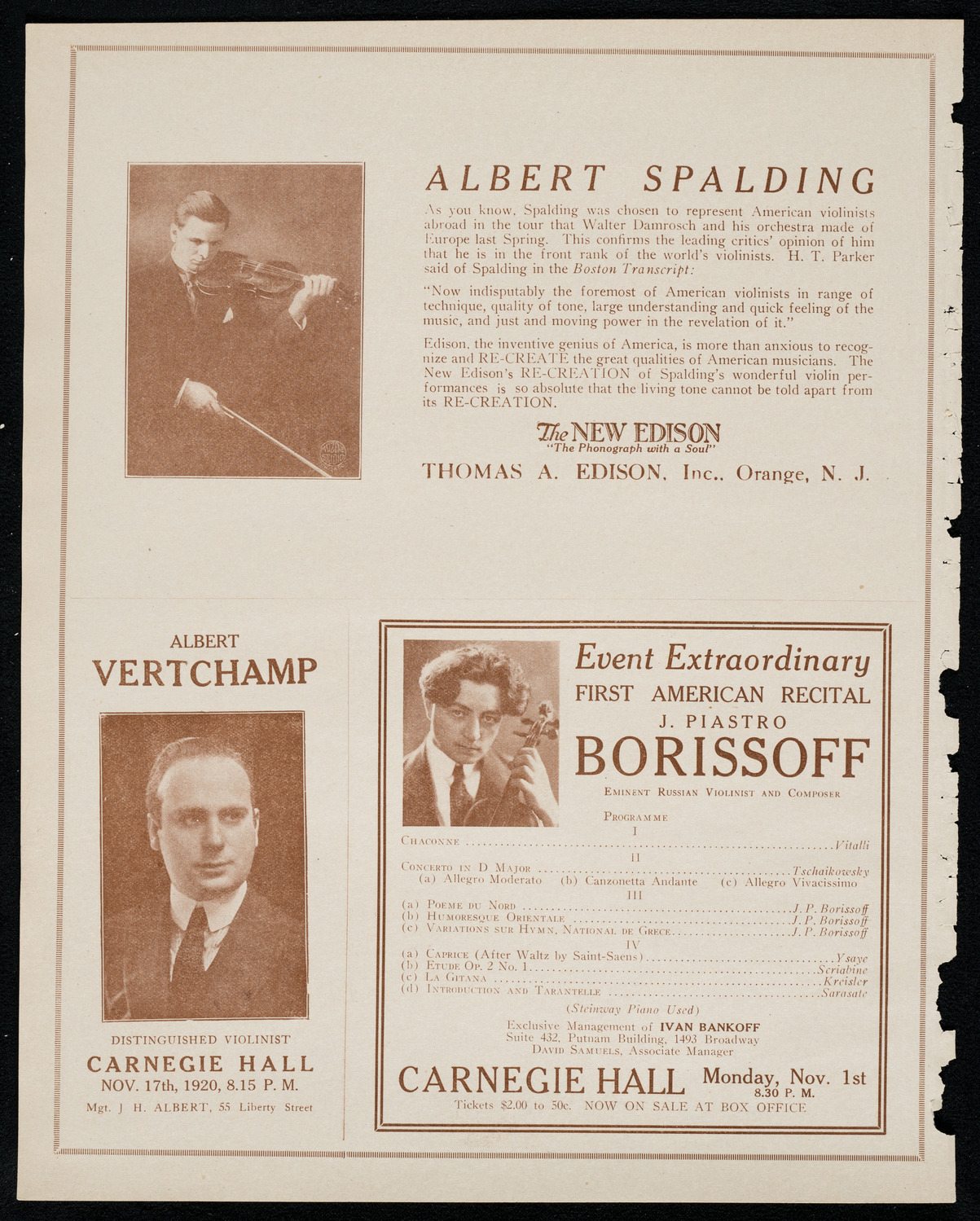 Efrem Zimbalist, Violin, October 31, 1920, program page 2