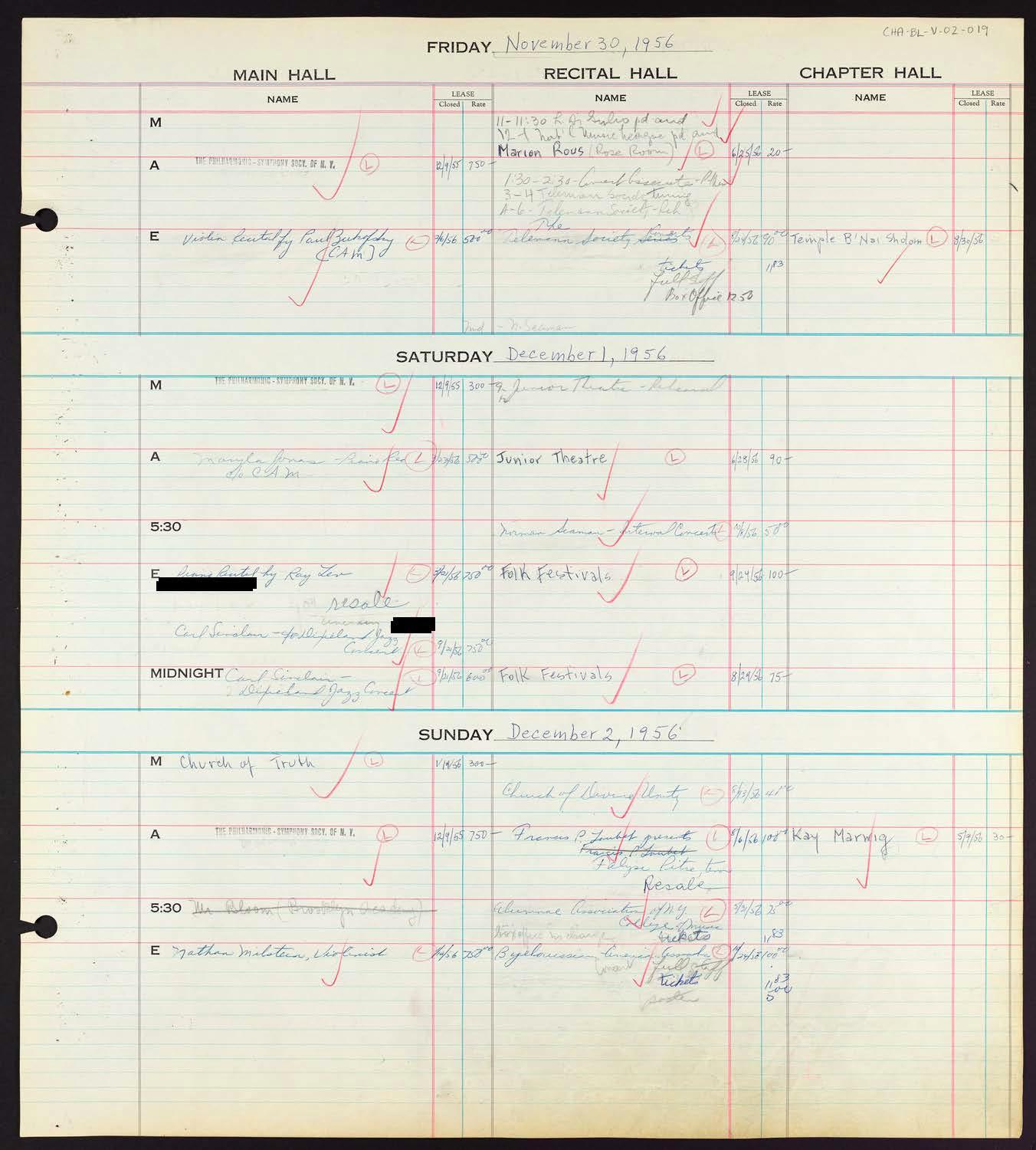 Carnegie Hall Booking Ledger, volume 2, page 19