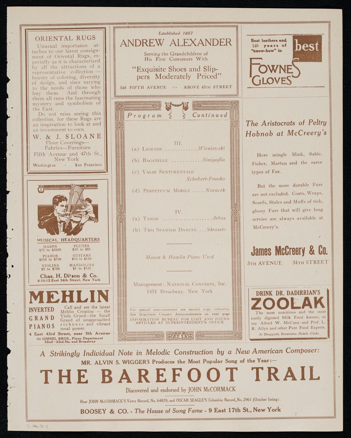 Sascha Jacobsen, Violin, November 10, 1920, program page 7
