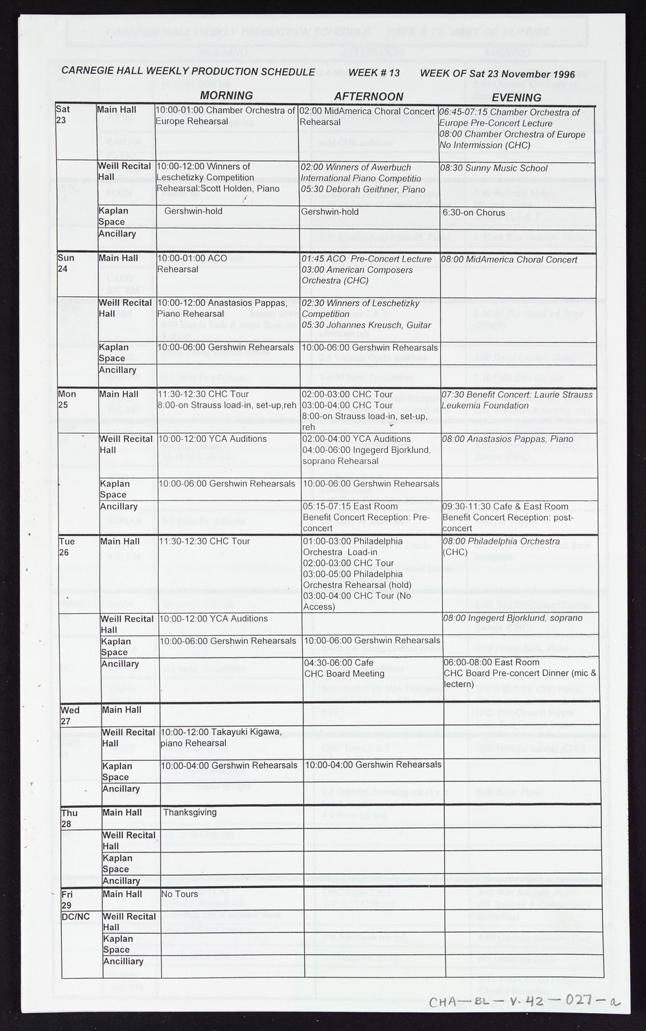 Carnegie Hall Booking Ledger, volume 42, page 27a