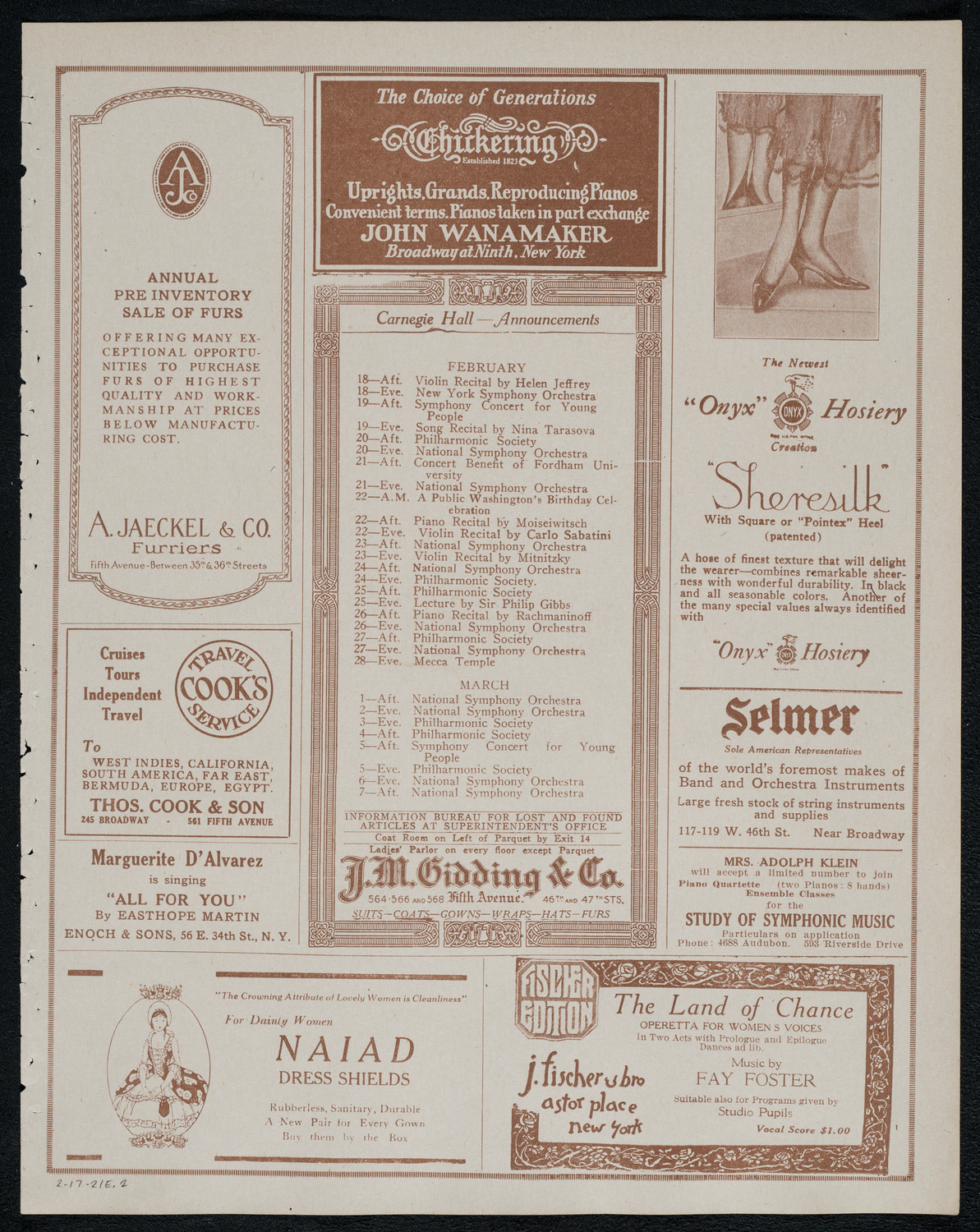 National Symphony Orchestra, February 17, 1921, program page 3