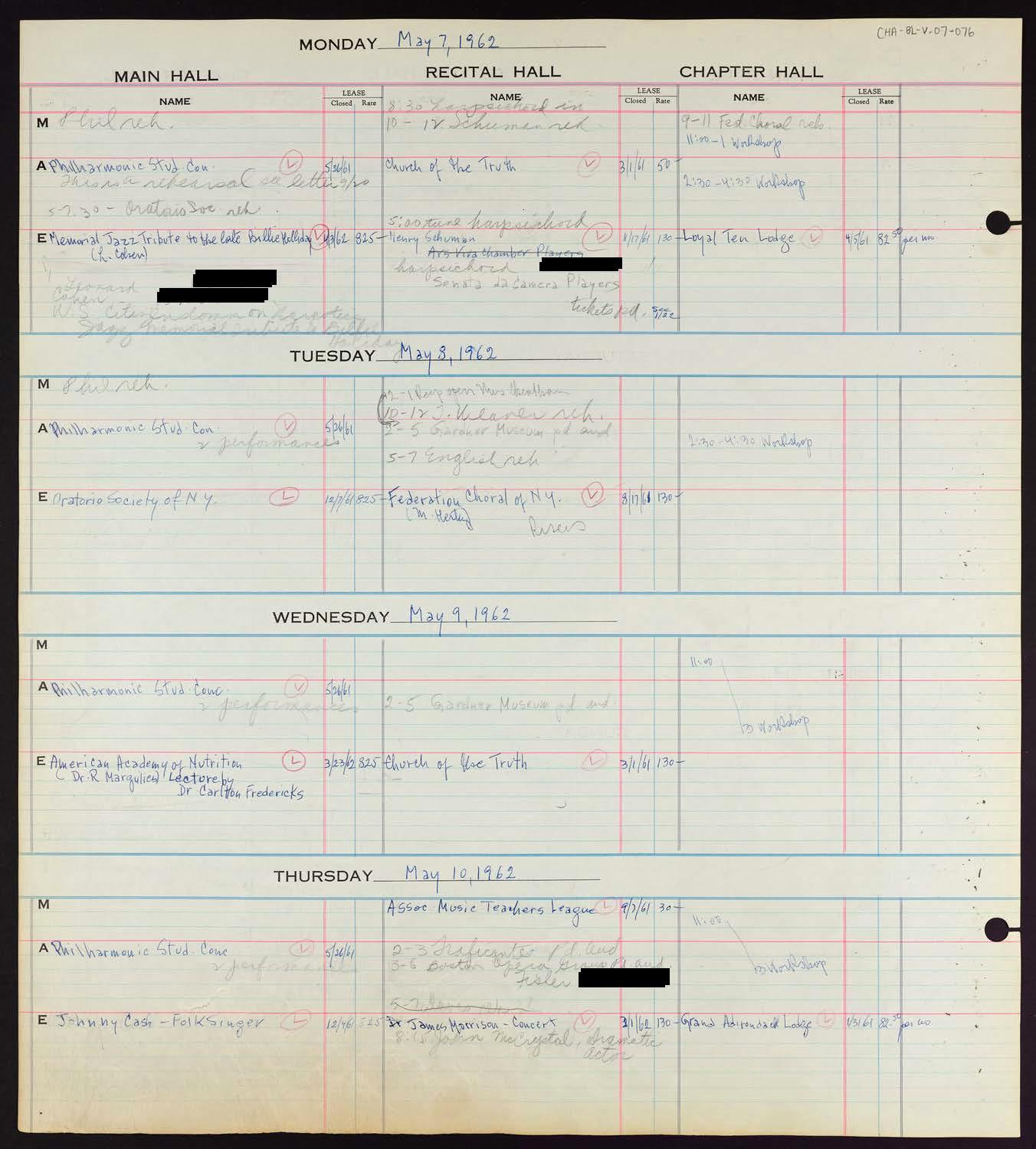 Carnegie Hall Booking Ledger, volume 7, page 76