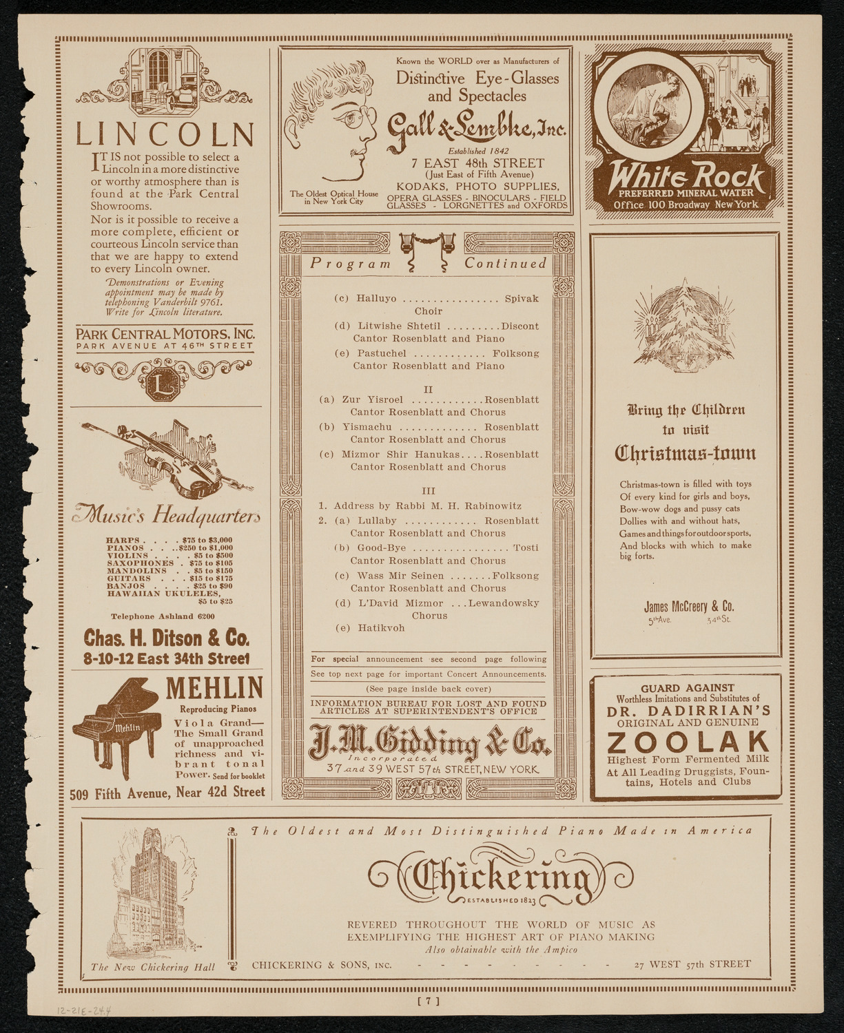 Chanuka Concert for the Benefit of the Rabbi Jacob Joseph School, December 21, 1924, program page 7