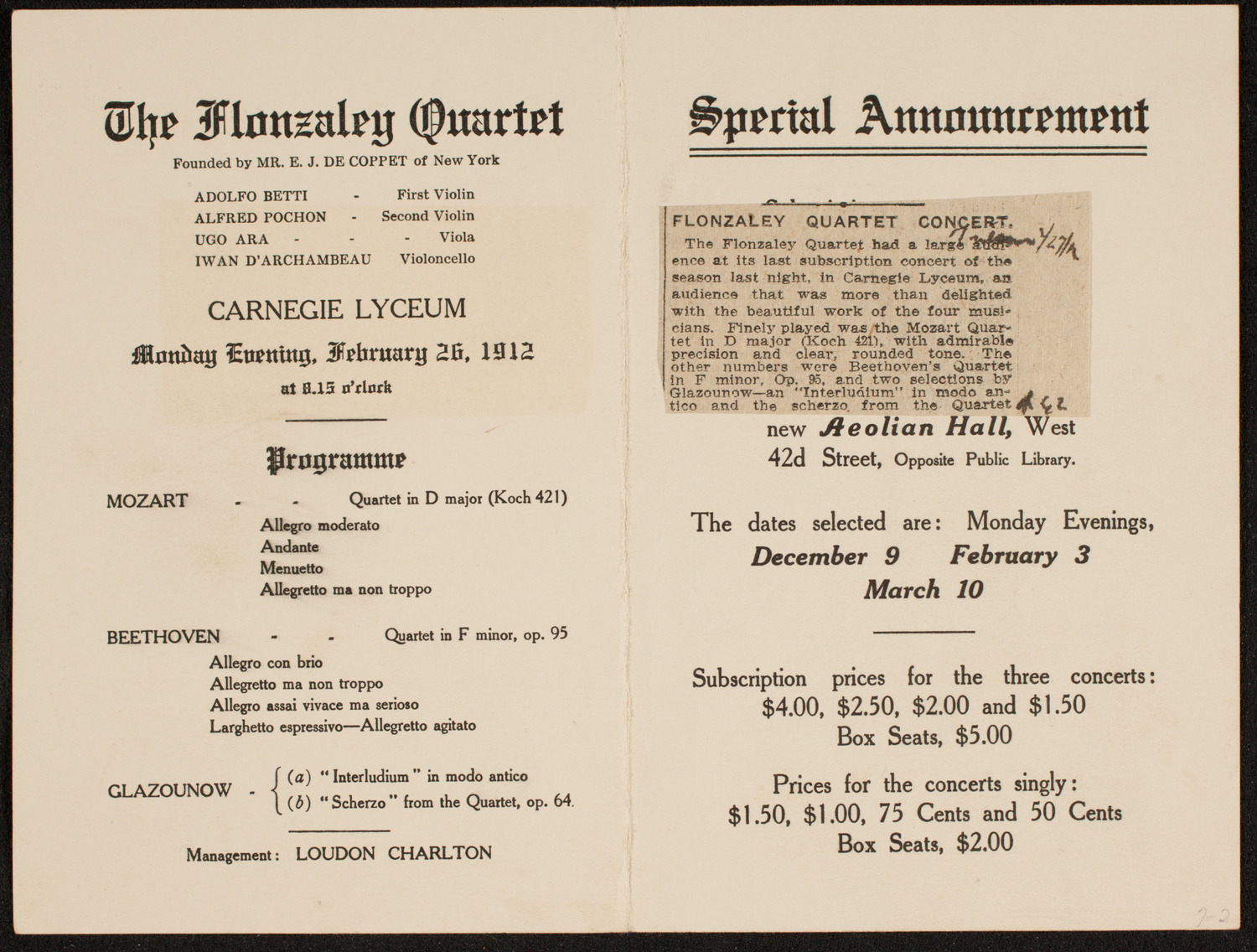 Flonzaley Quartet, December 4, 1911, program page 3