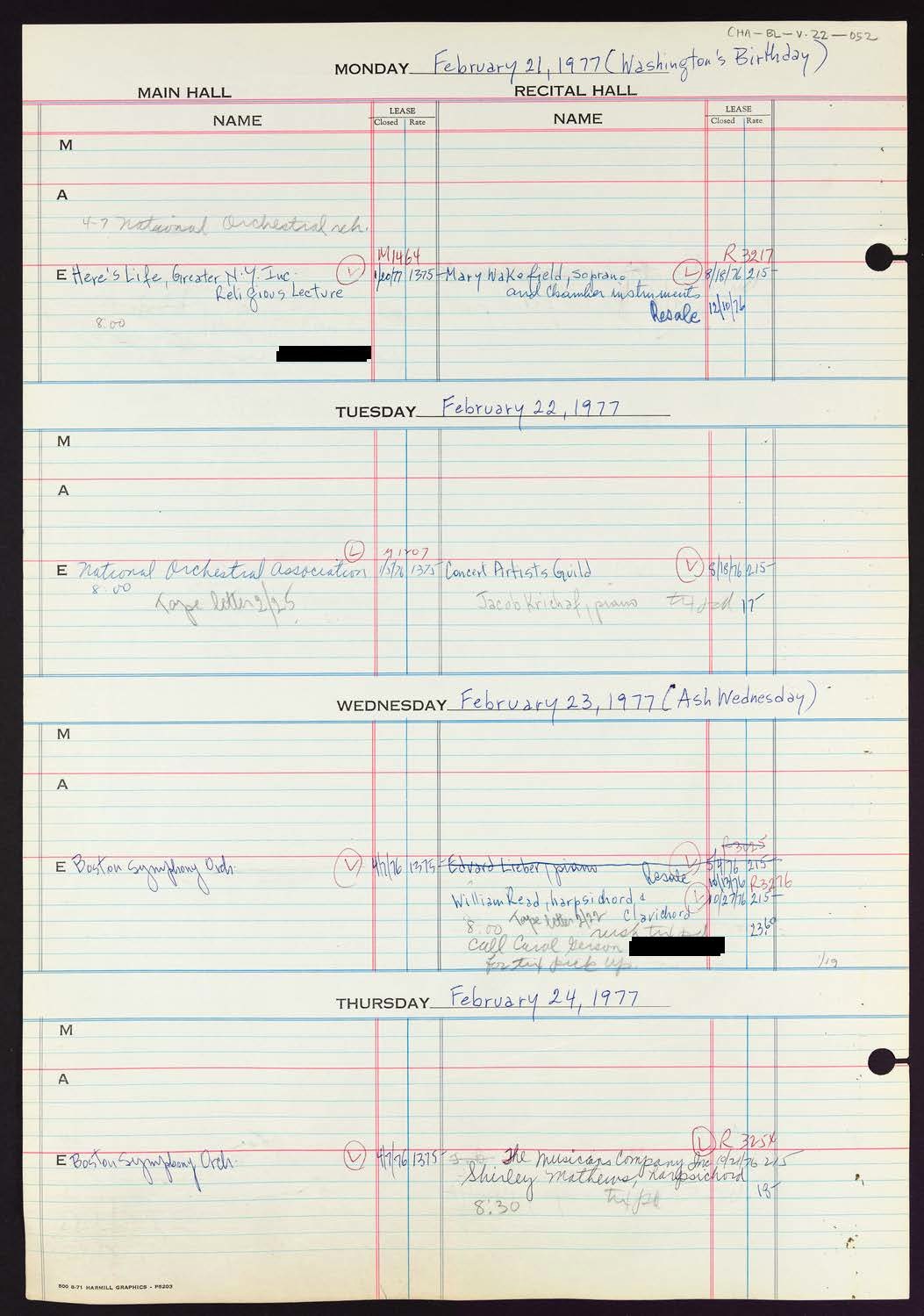 Carnegie Hall Booking Ledger, volume 22, page 52