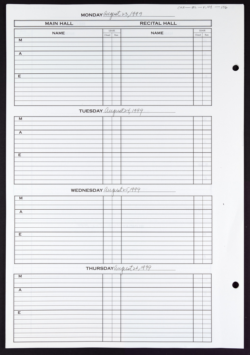 Carnegie Hall Booking Ledger, volume 44, page 106