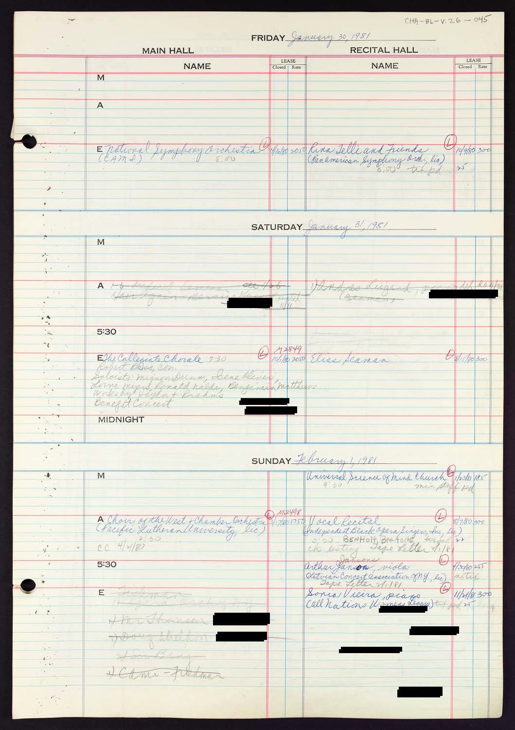 Carnegie Hall Booking Ledger, volume 26, page 45