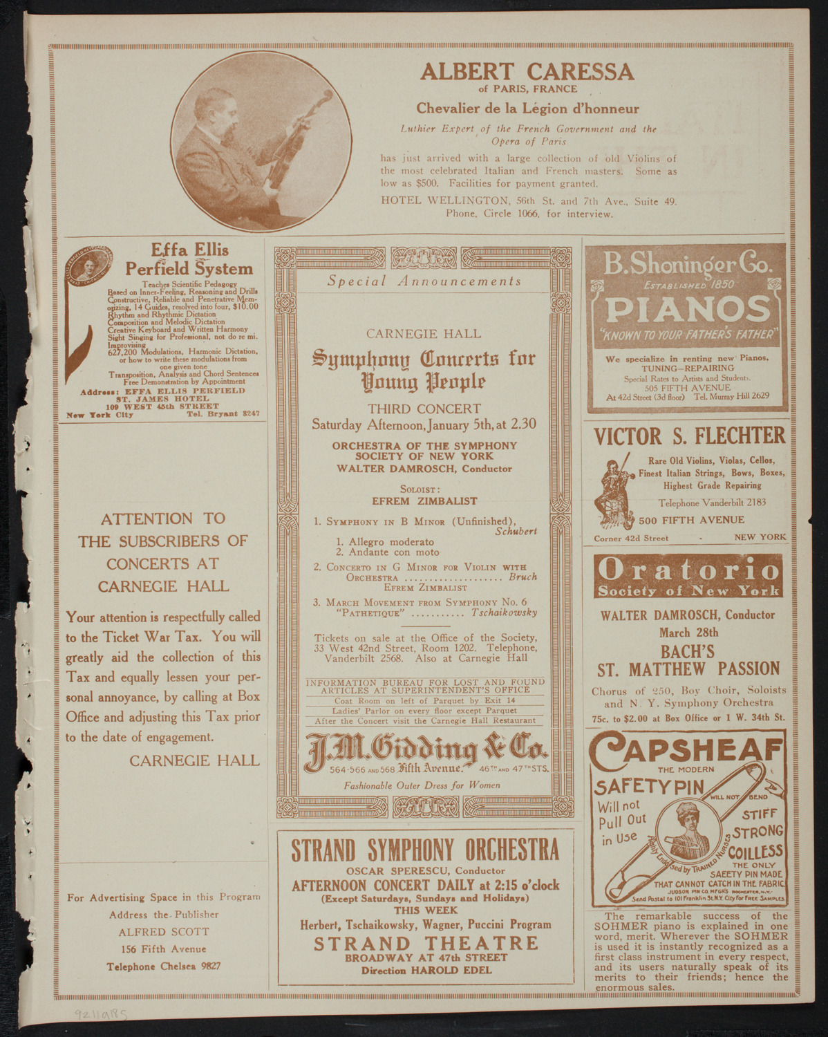 Jascha Heifetz, Violin, January 1, 1918, program page 9