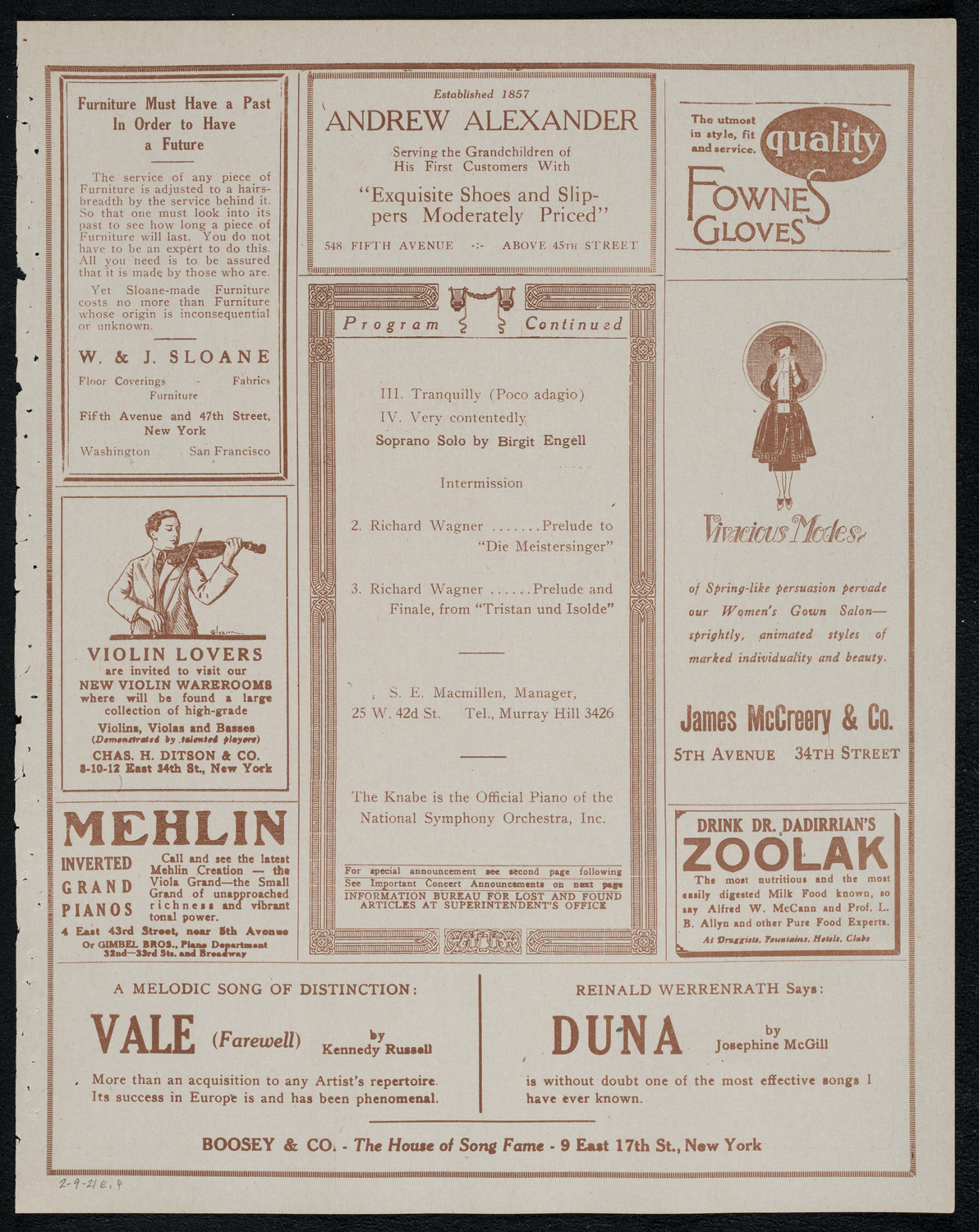 National Symphony Orchestra, February 9, 1921, program page 7