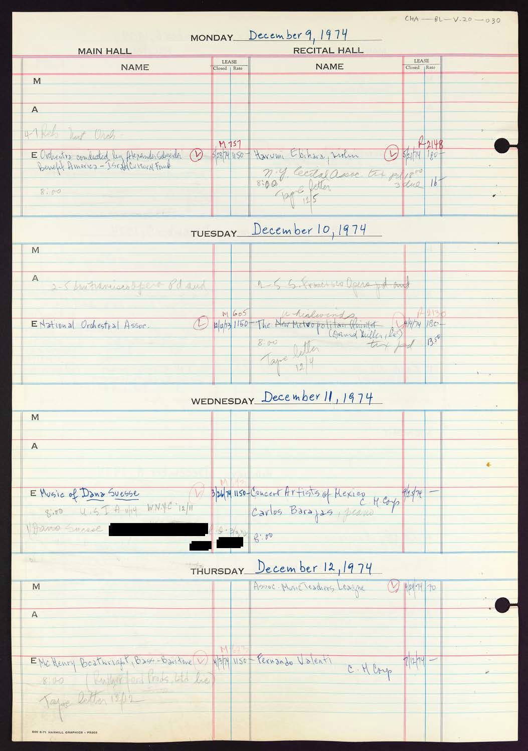 Carnegie Hall Booking Ledger, volume 20, page 30