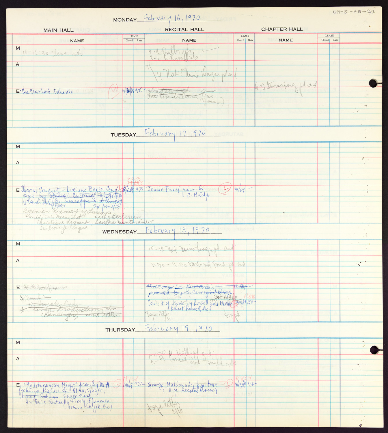 Carnegie Hall Booking Ledger, volume 15, page 52