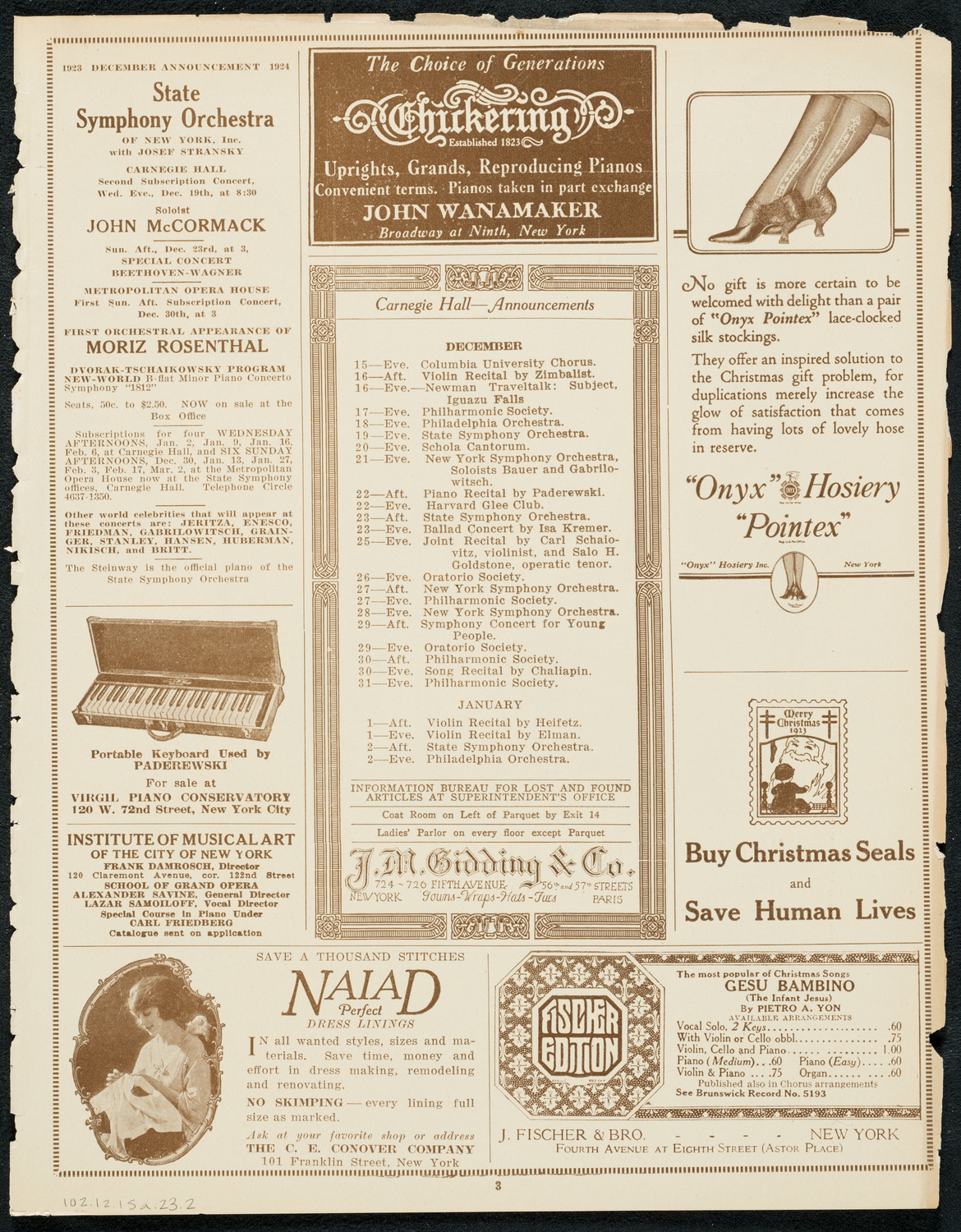 Ignacy Jan Paderewski, Piano, December 15, 1923, program page 3