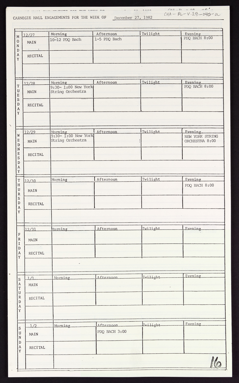 Carnegie Hall Booking Ledger, volume 28, page 40a