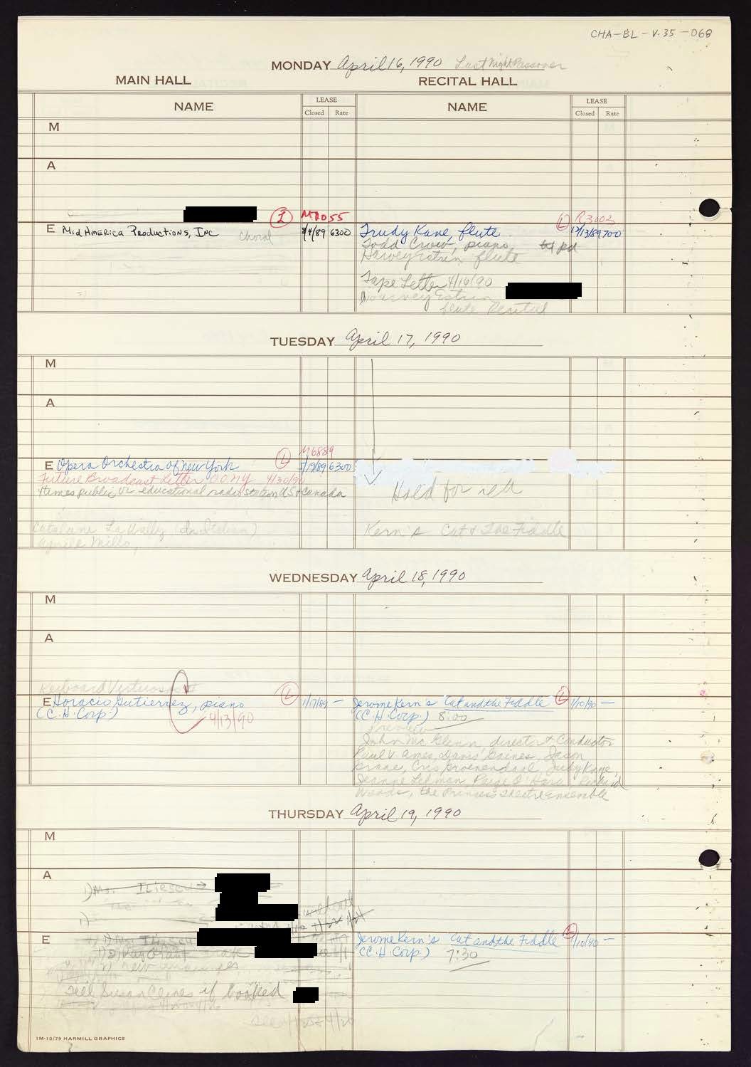 Carnegie Hall Booking Ledger, volume 35, page 68