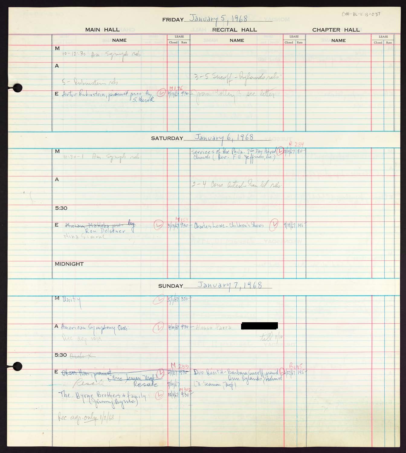 Carnegie Hall Booking Ledger, volume 13, page 37