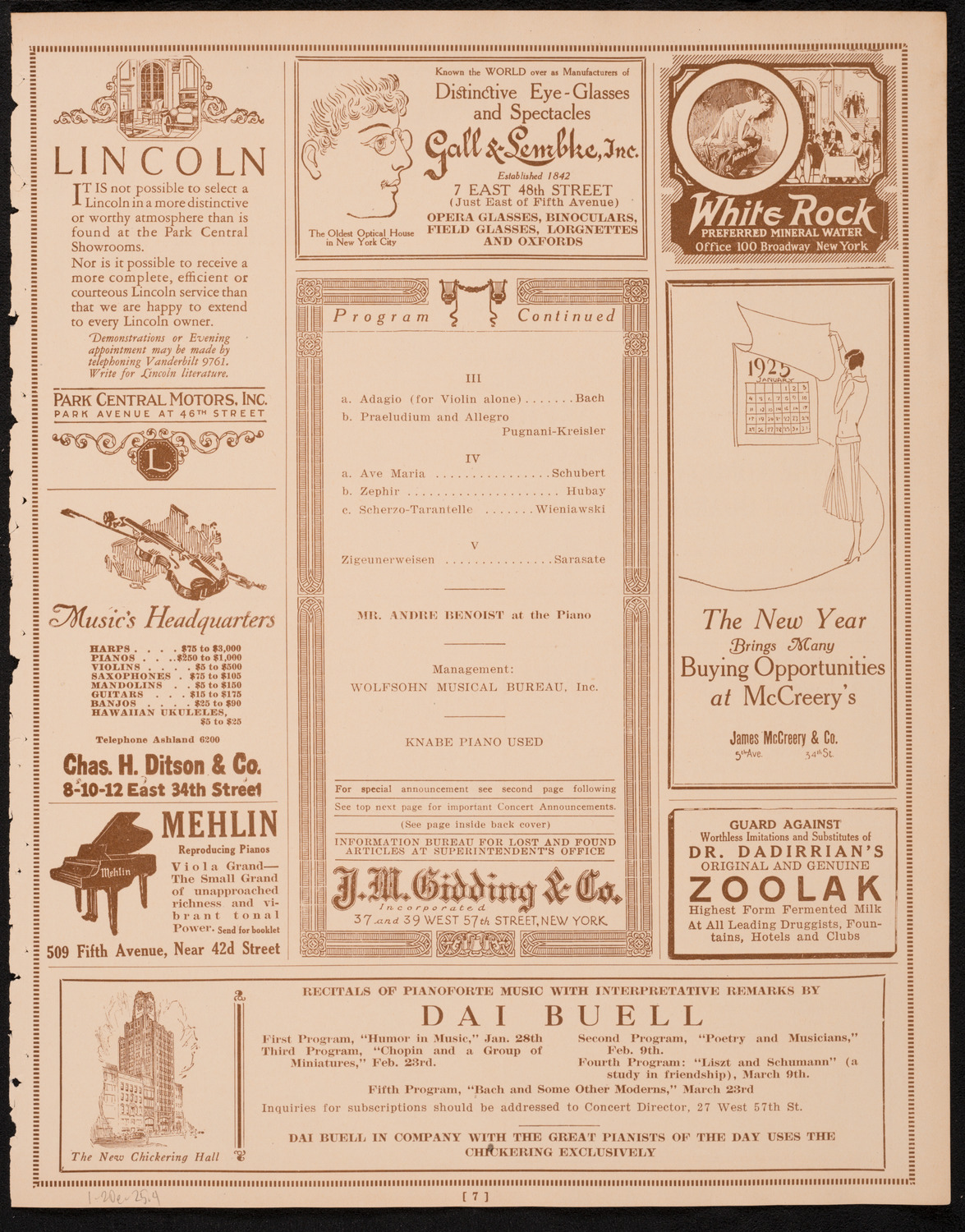 Eduard Zathureczky, Violin, January 20, 1925, program page 7