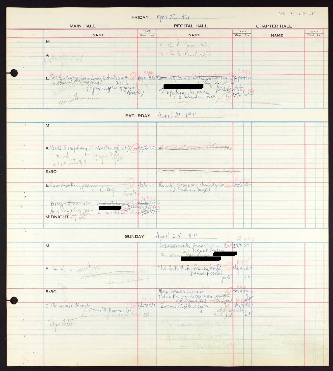 Carnegie Hall Booking Ledger, volume 16, page 69