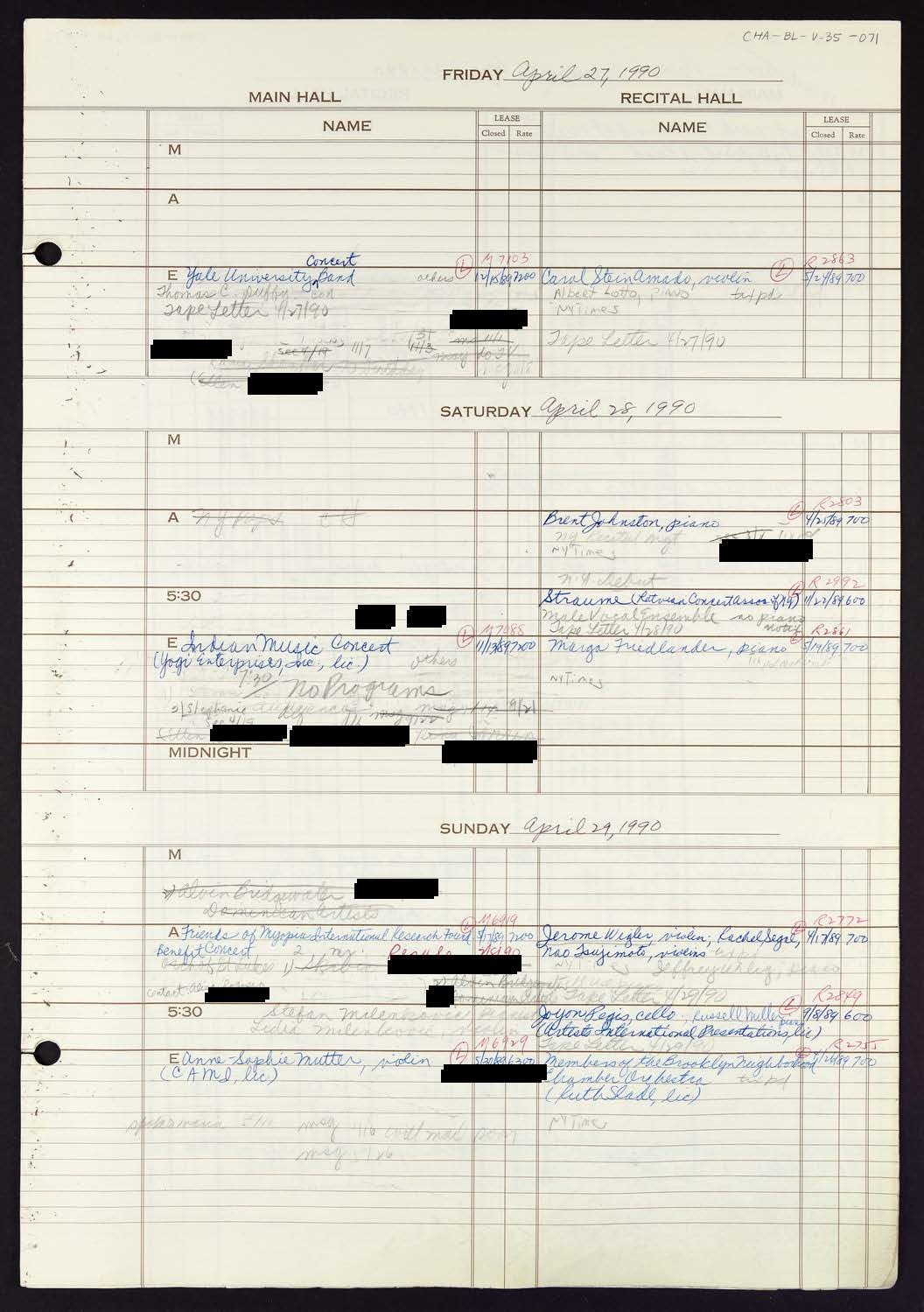 Carnegie Hall Booking Ledger, volume 35, page 71