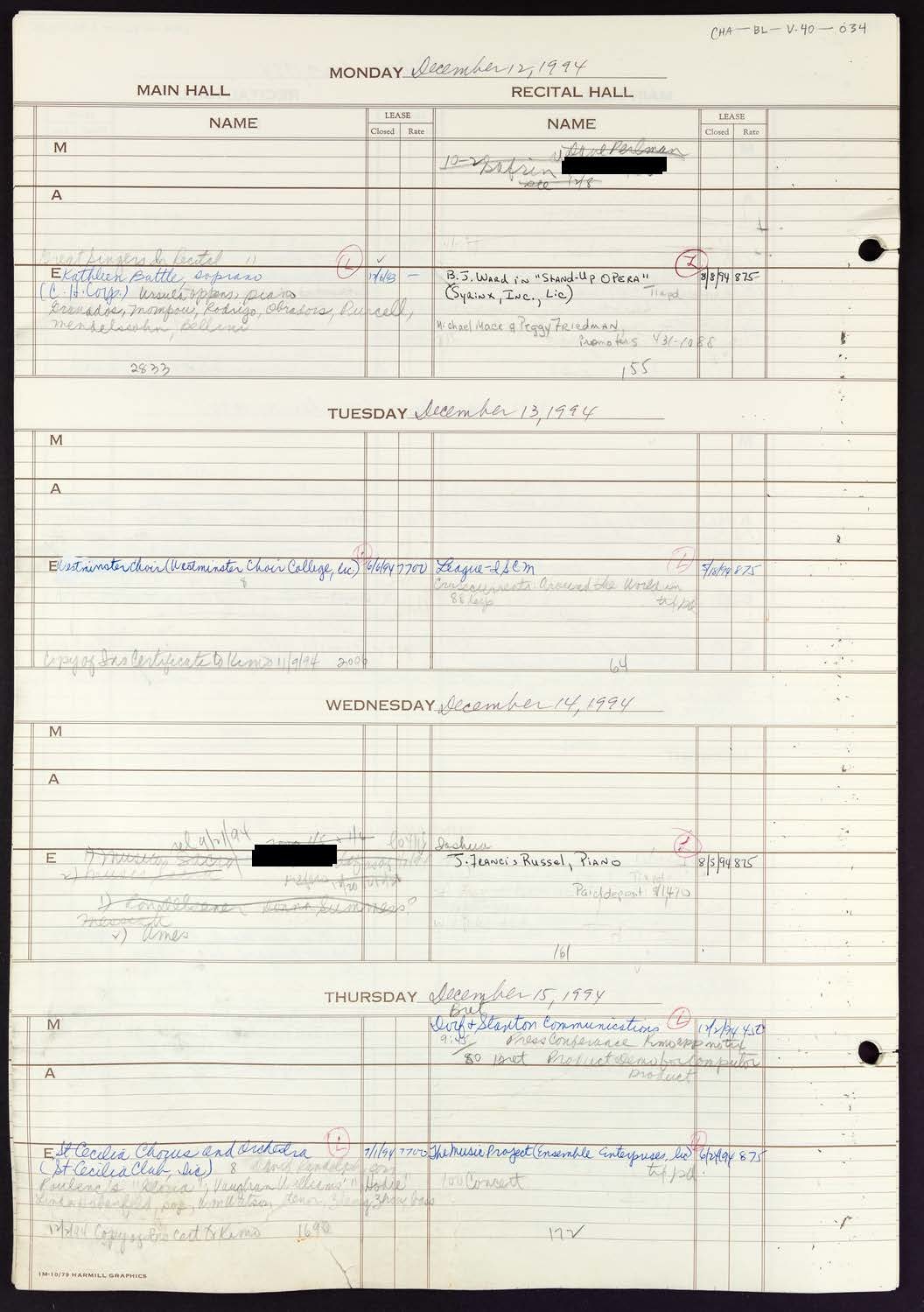 Carnegie Hall Booking Ledger, volume 40, page 34