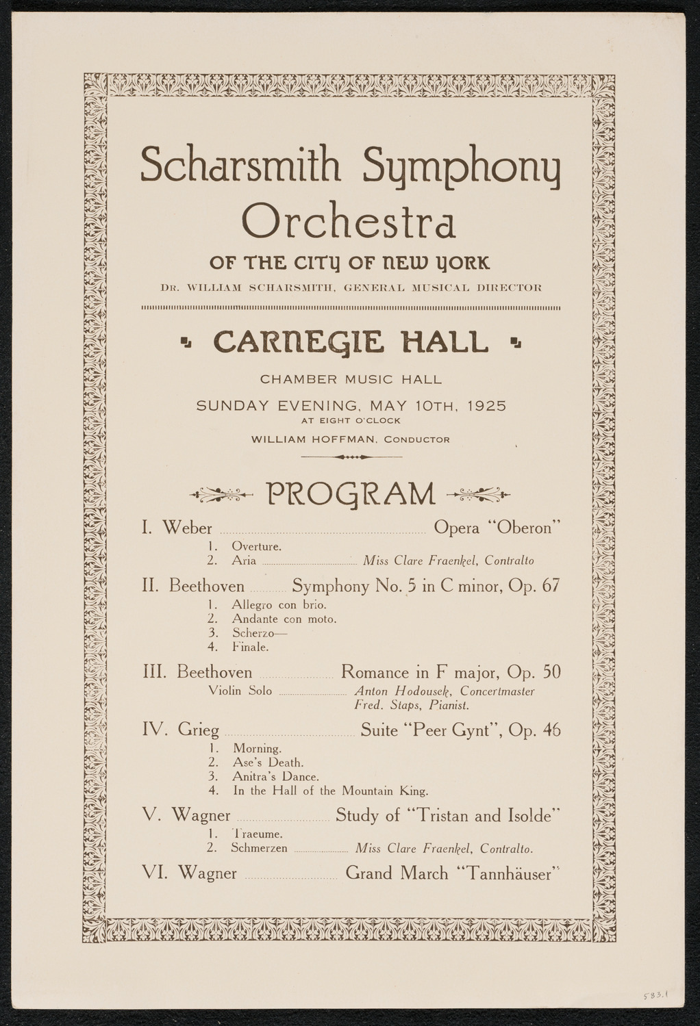 Scharsmith Symphony Orchestra, May 10, 1925, program page 1