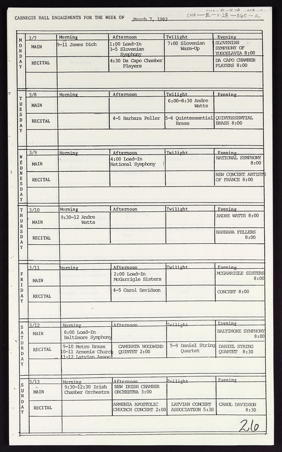 Carnegie Hall Booking Ledger, volume 28, page 60a