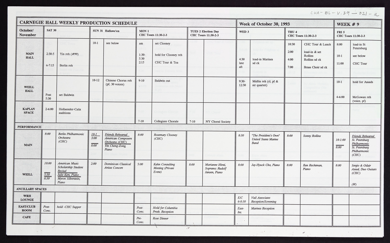 Carnegie Hall Booking Ledger, volume 39, page 21a