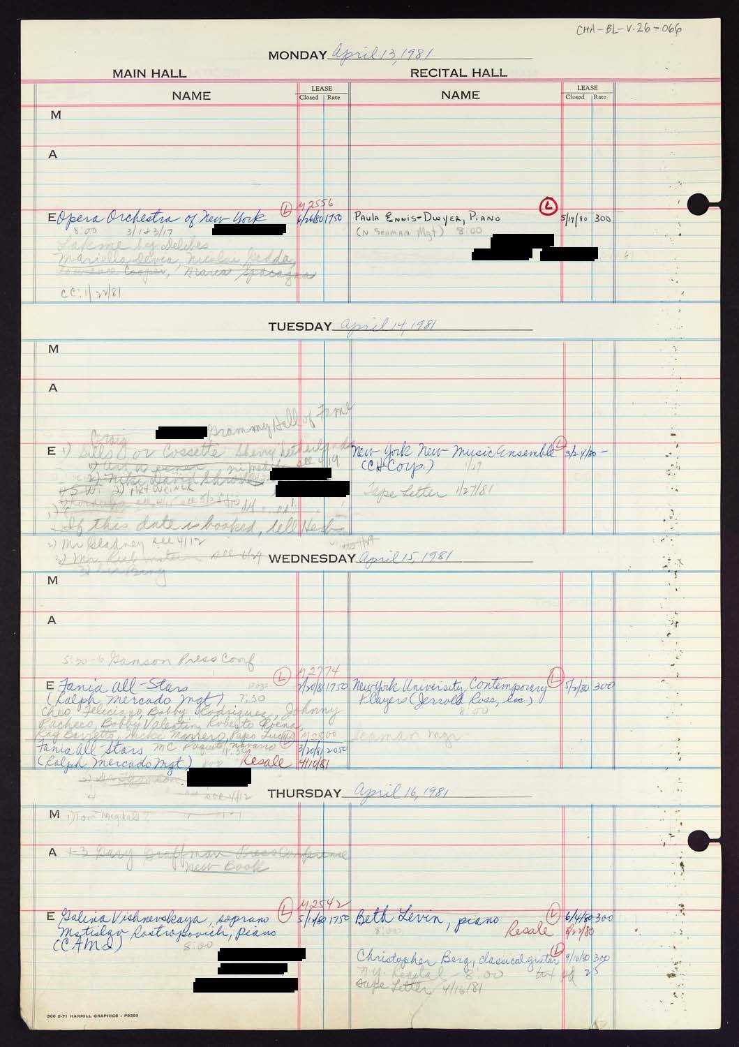 Carnegie Hall Booking Ledger, volume 26, page 66