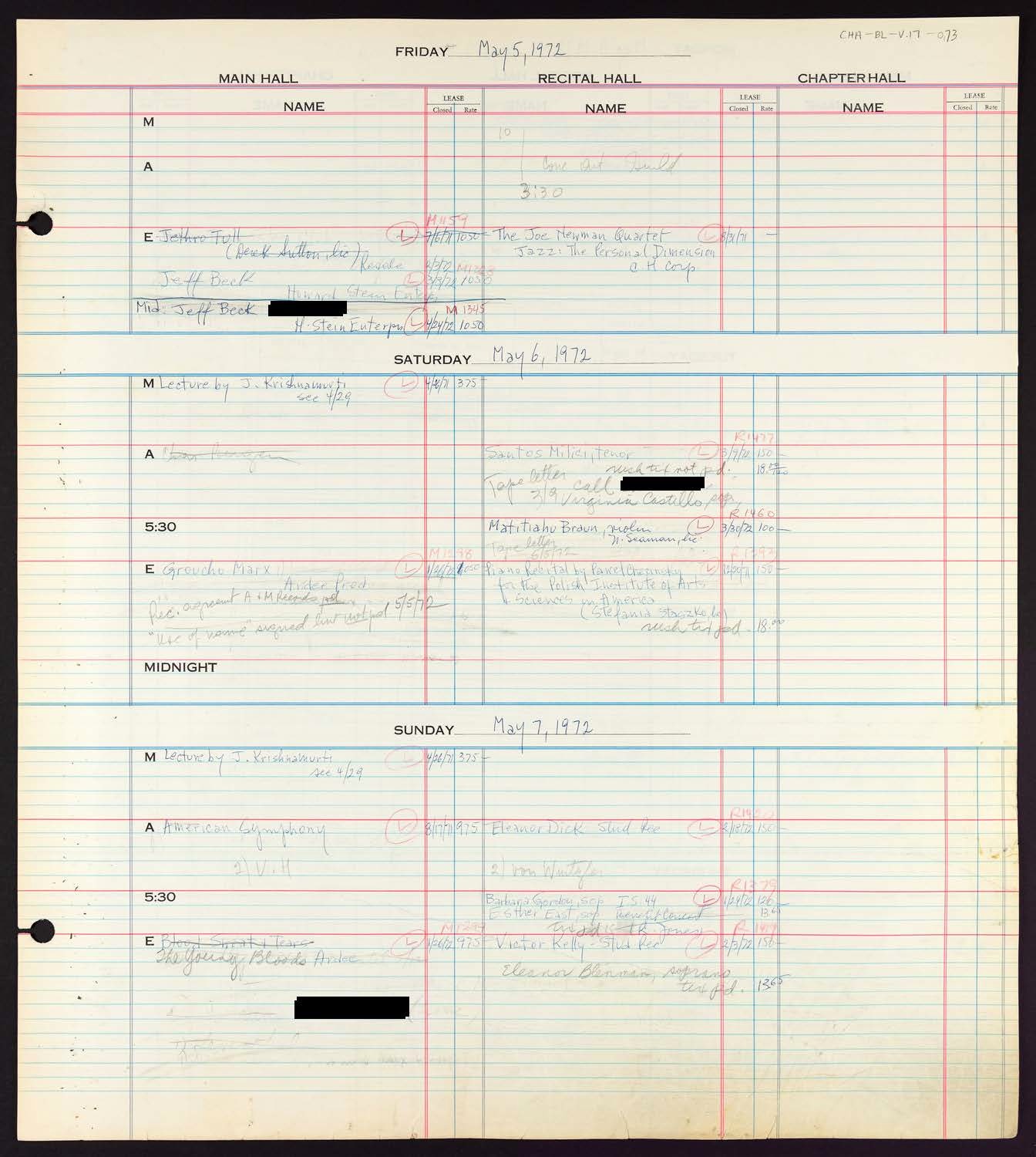 Carnegie Hall Booking Ledger, volume 17, page 73