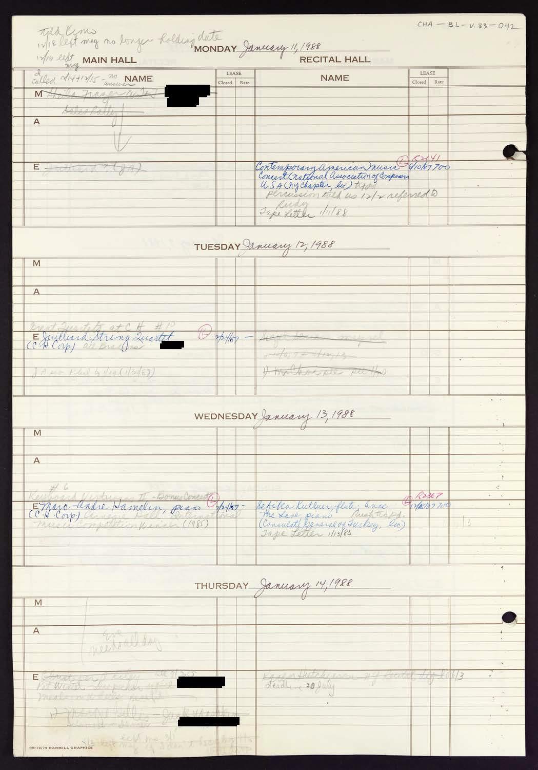 Carnegie Hall Booking Ledger, volume 33, page 42