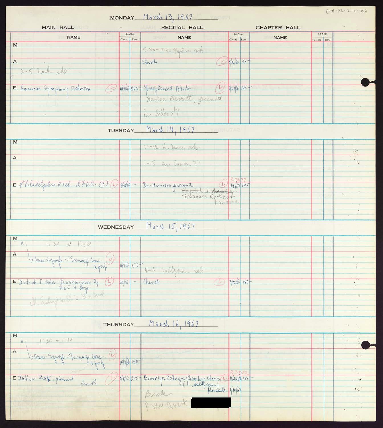 Carnegie Hall Booking Ledger, volume 12, page 58