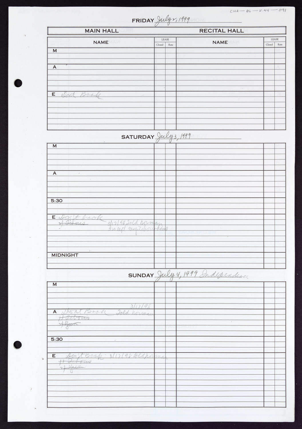 Carnegie Hall Booking Ledger, volume 44, page 91