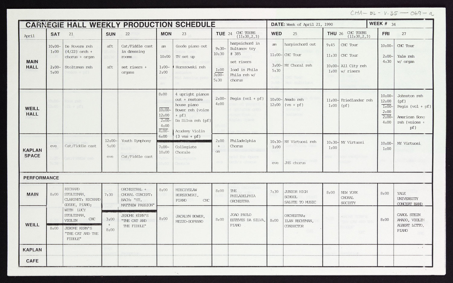 Carnegie Hall Booking Ledger, volume 35, page 69a