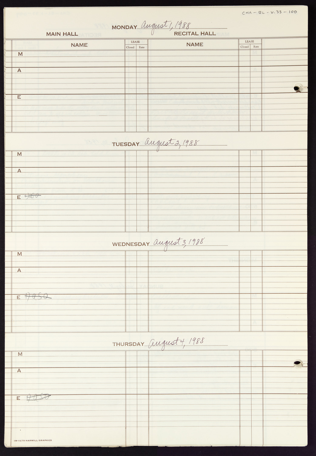 Carnegie Hall Booking Ledger, volume 33, page 100