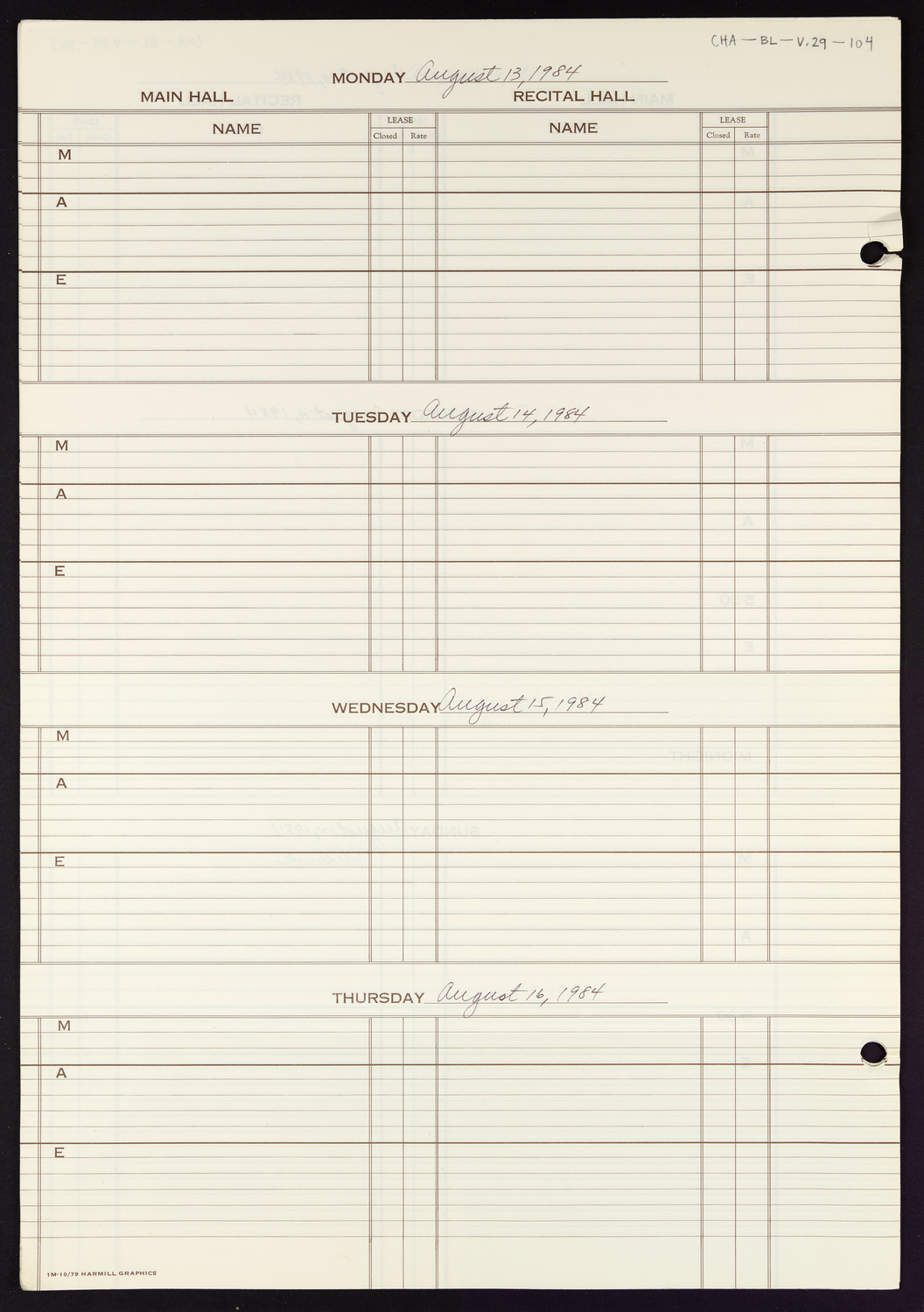 Carnegie Hall Booking Ledger, volume 29, page 104