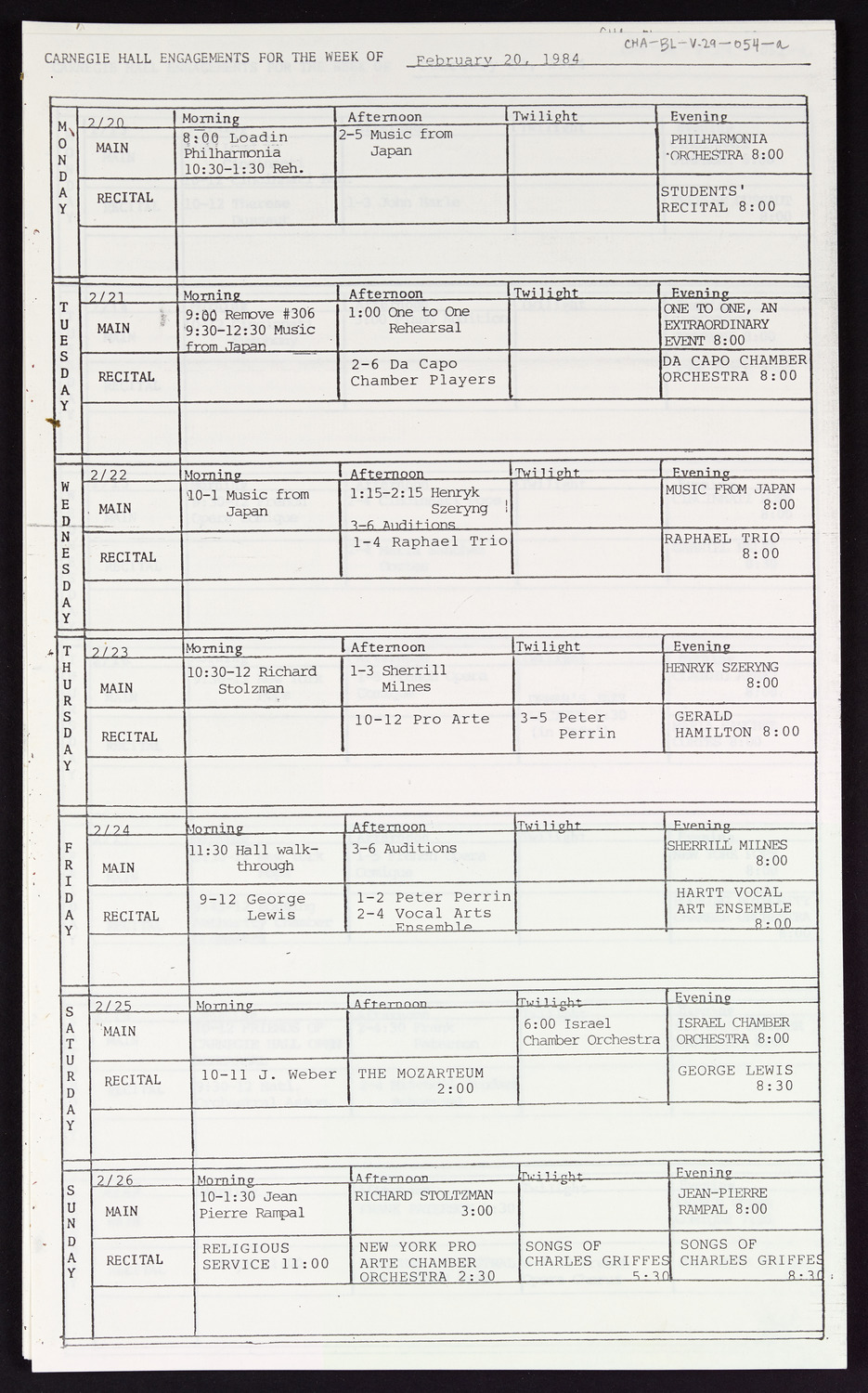 Carnegie Hall Booking Ledger, volume 29, page 54a