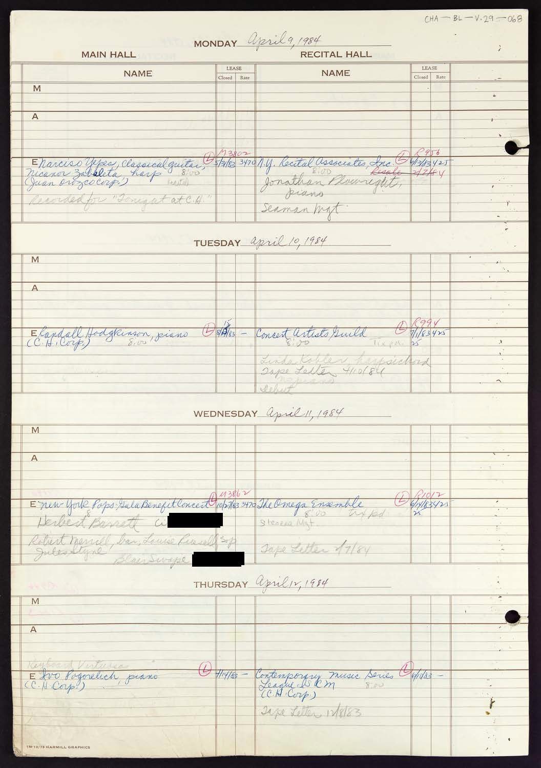 Carnegie Hall Booking Ledger, volume 29, page 68