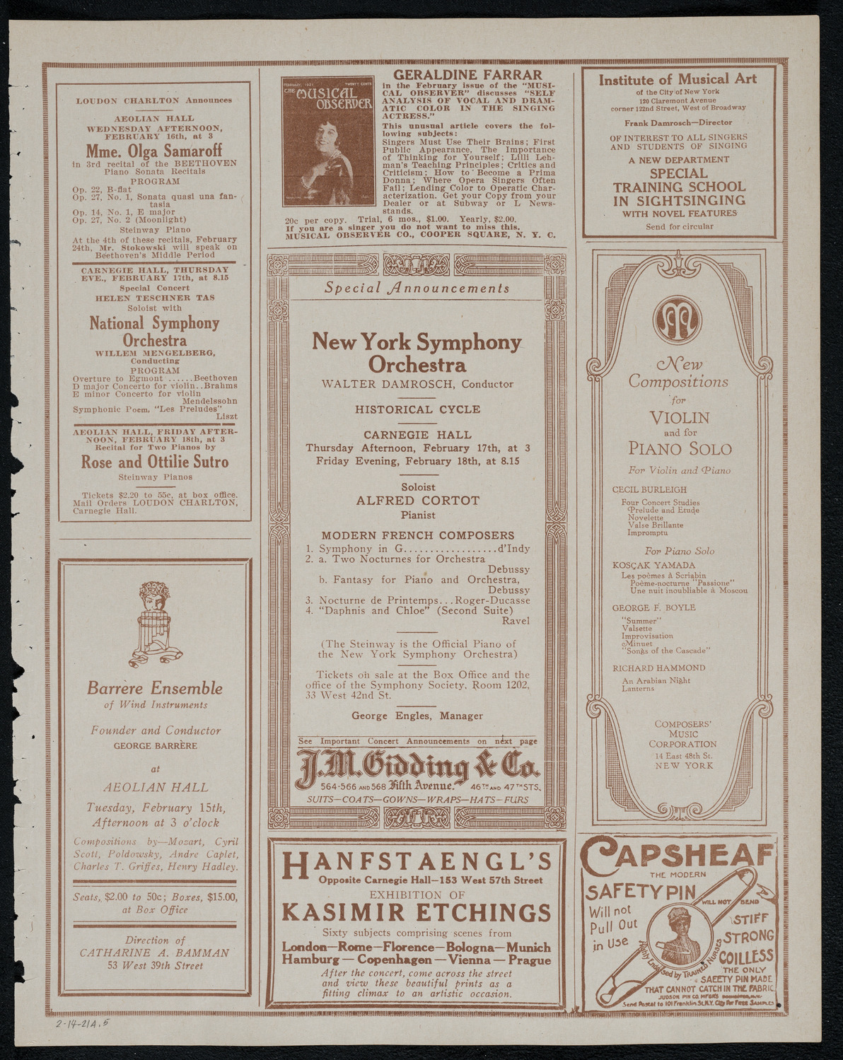 New York Symphony Orchestra, February 14, 1921, program page 9