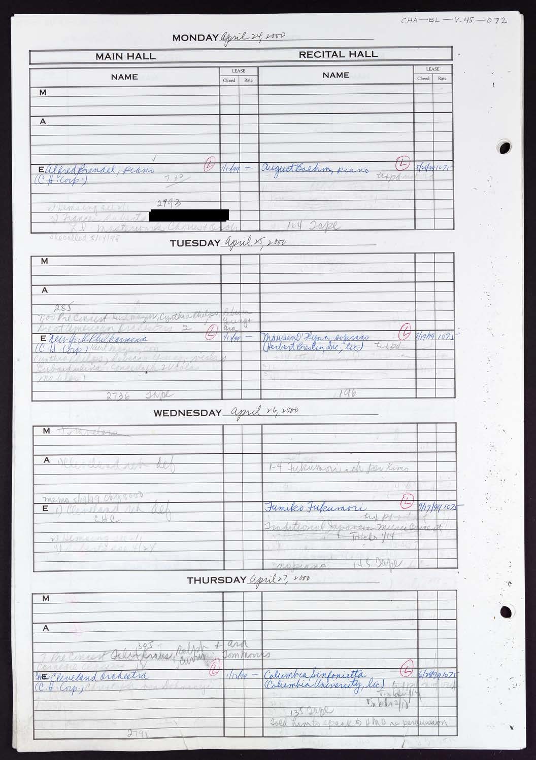 Carnegie Hall Booking Ledger, volume 45, page 72