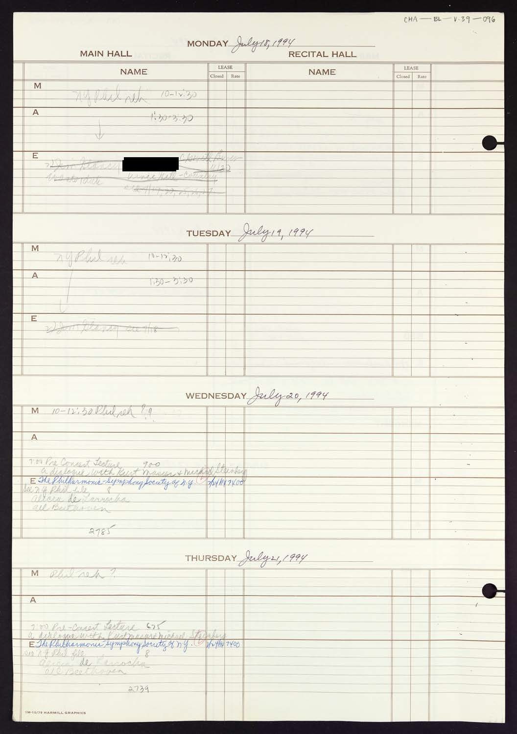 Carnegie Hall Booking Ledger, volume 39, page 96