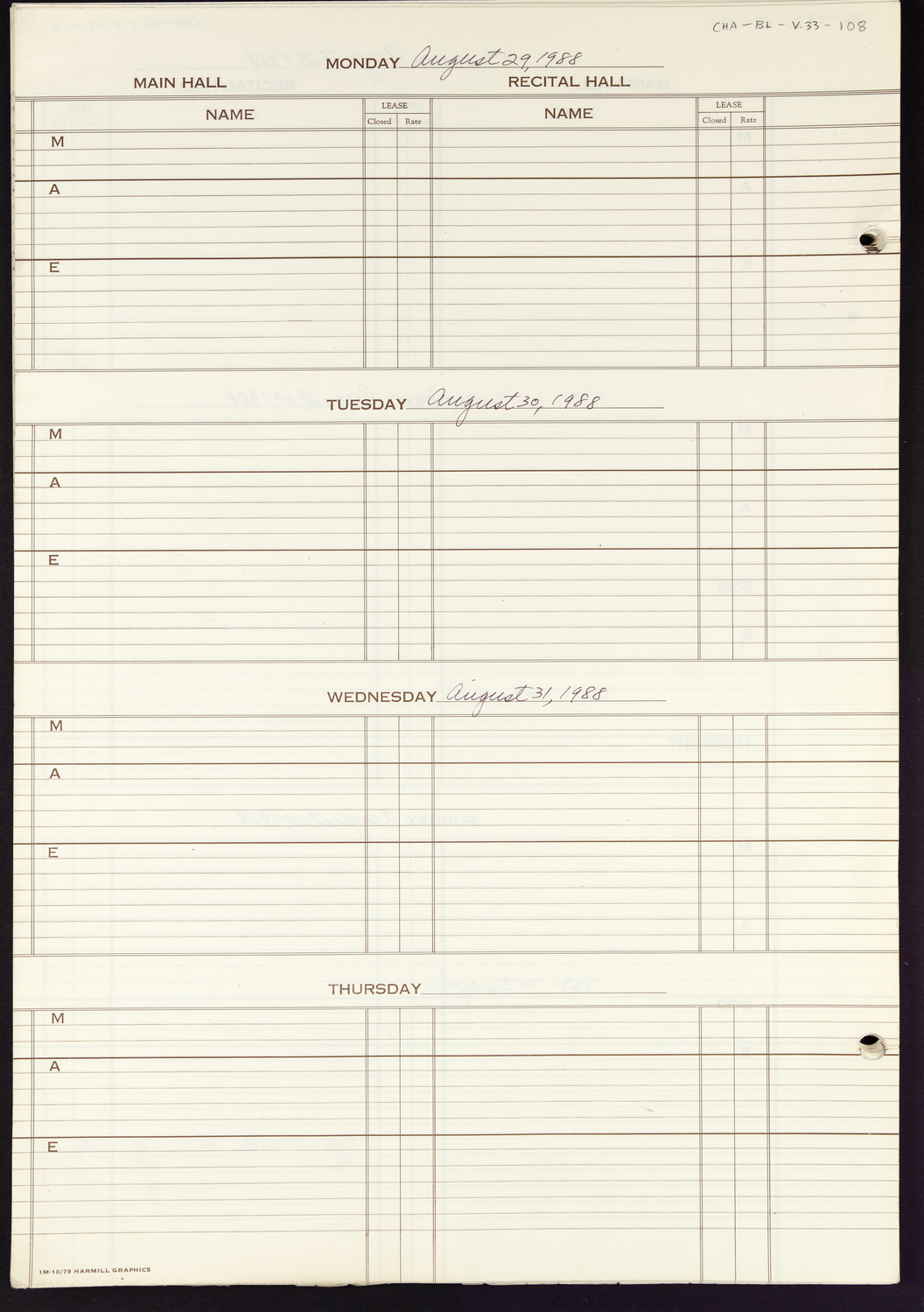 Carnegie Hall Booking Ledger, volume 33, page 108