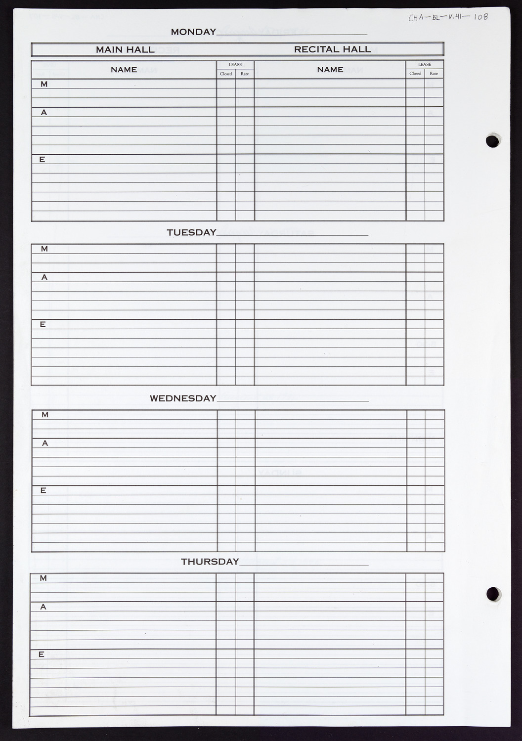 Carnegie Hall Booking Ledger, volume 41, page 108