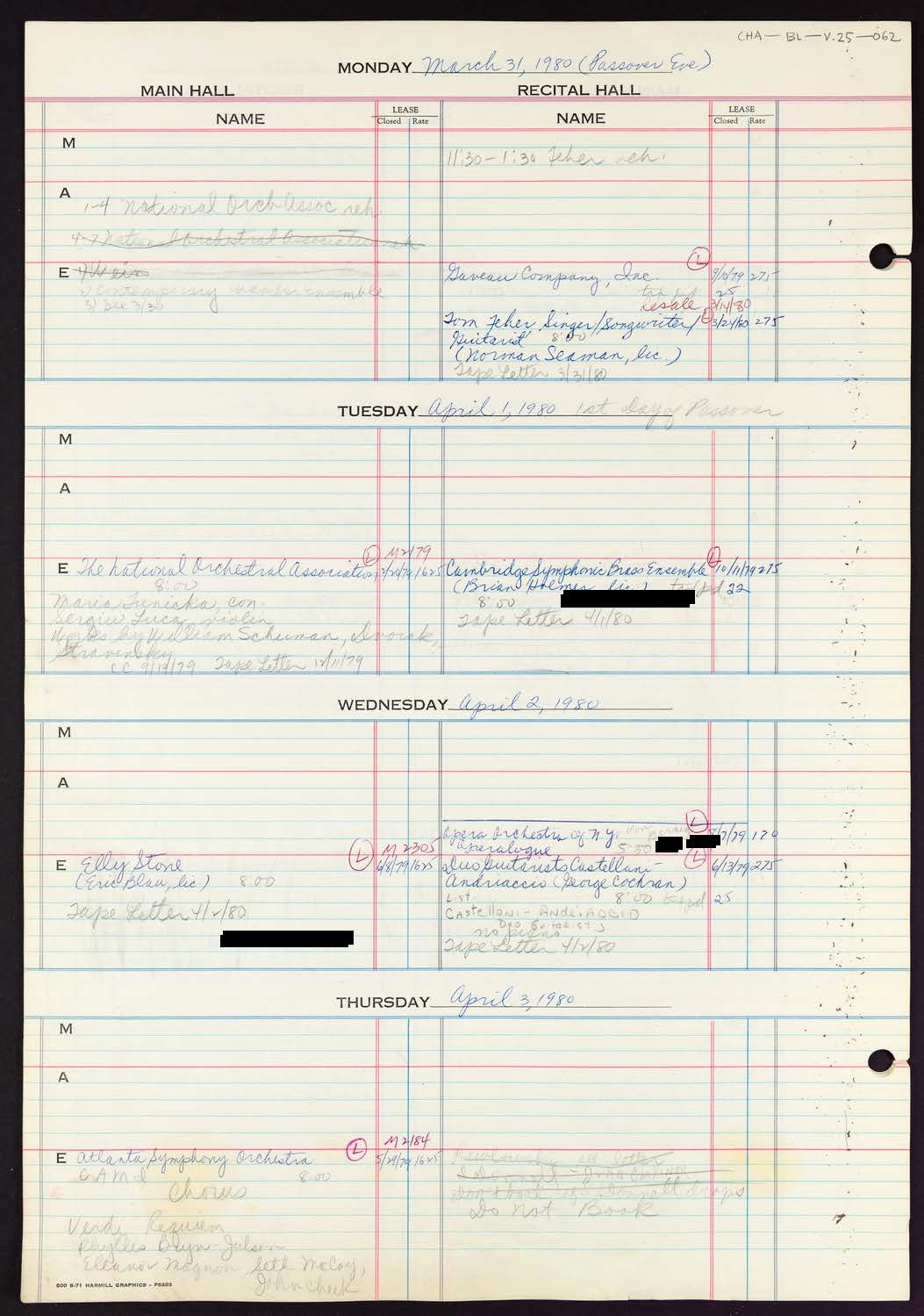 Carnegie Hall Booking Ledger, volume 25, page 62