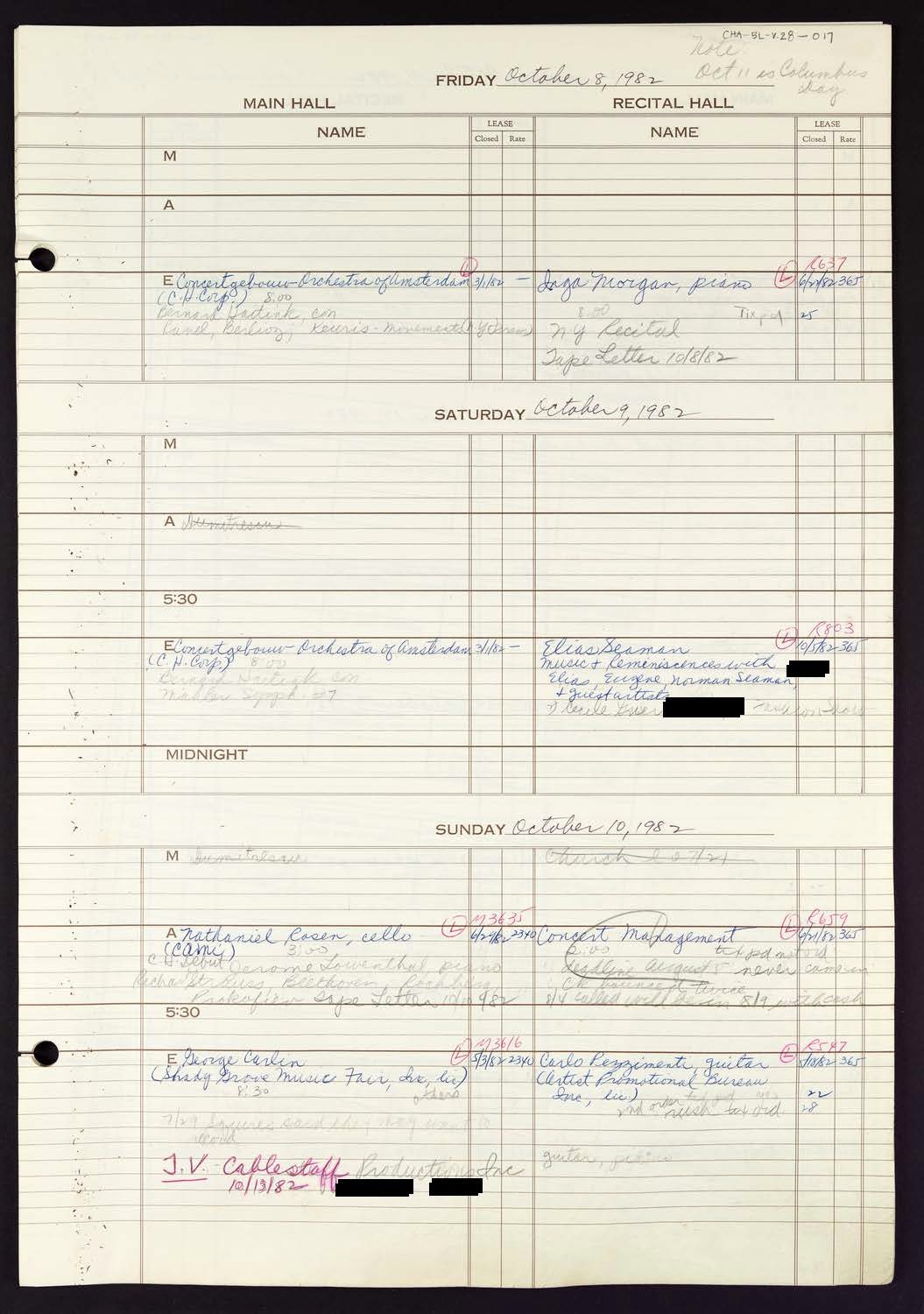 Carnegie Hall Booking Ledger, volume 28, page 17