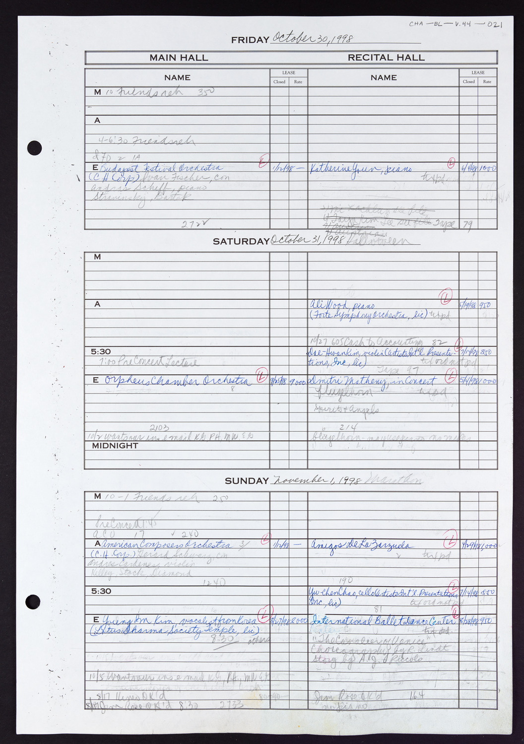 Carnegie Hall Booking Ledger, volume 44, page 21