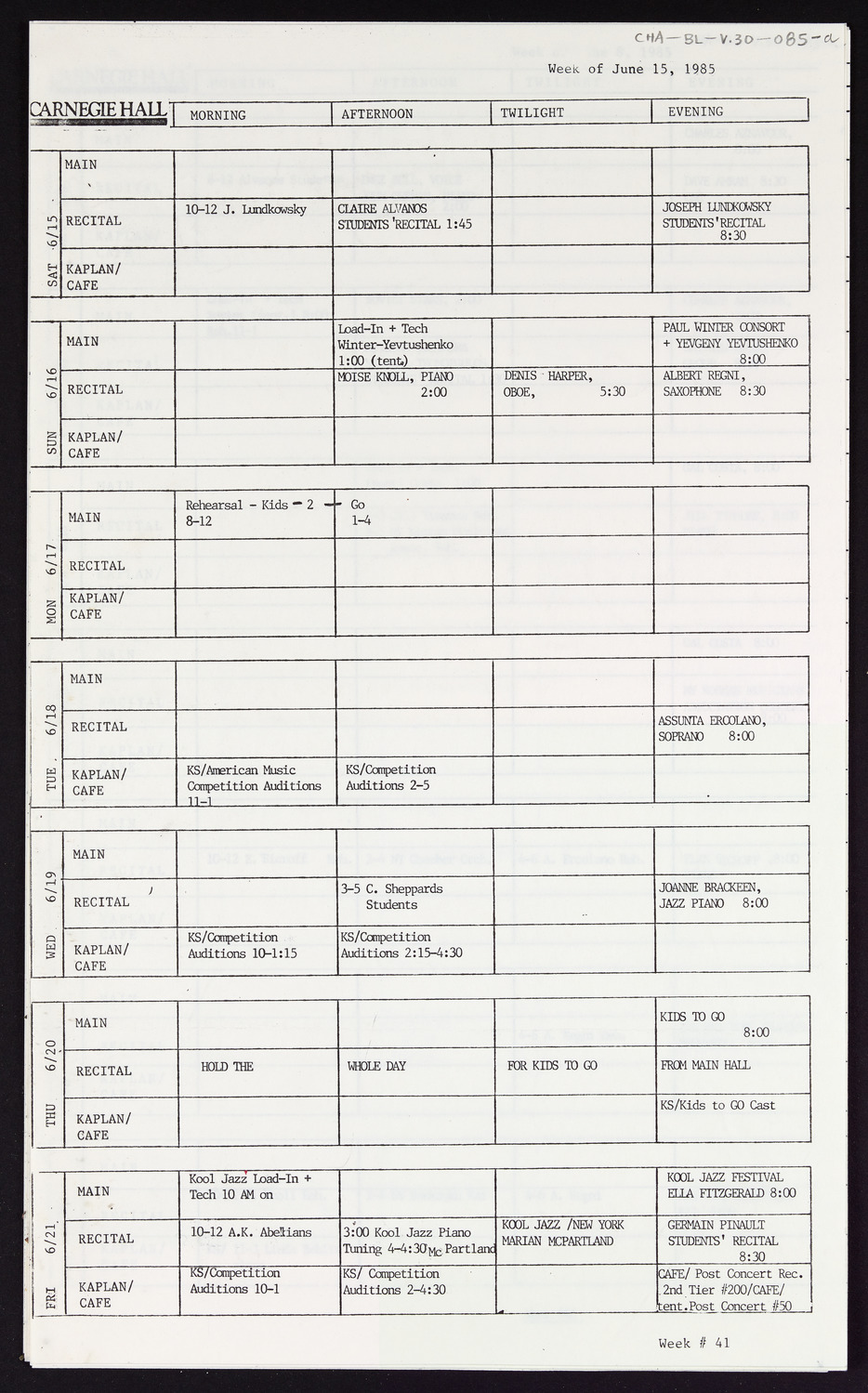 Carnegie Hall Booking Ledger, volume 30, page 85a