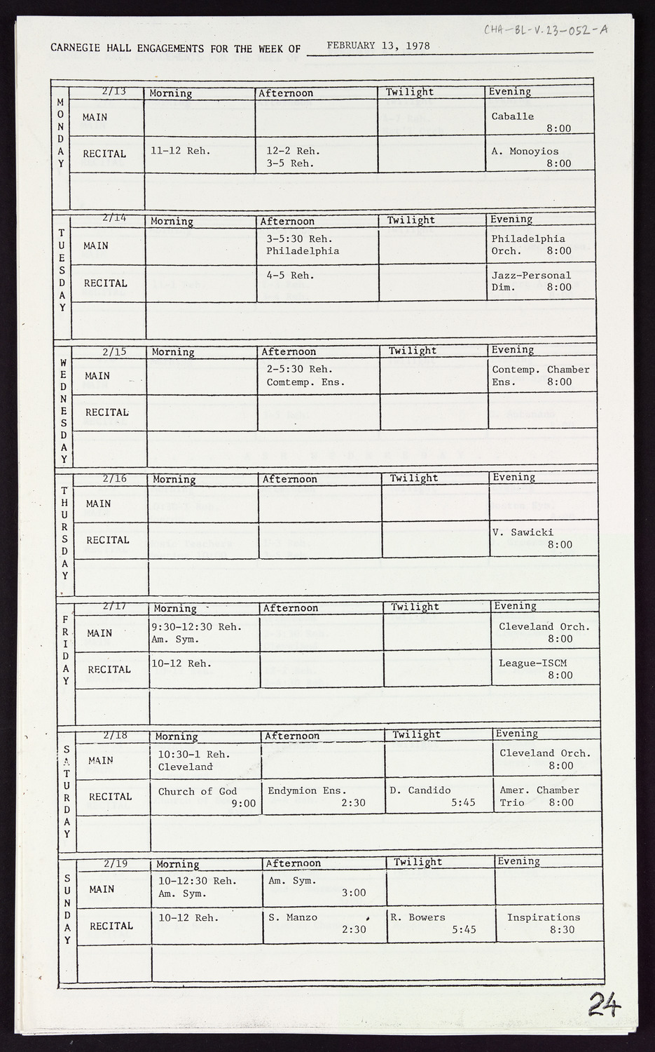 Carnegie Hall Booking Ledger, volume 23, page 52a