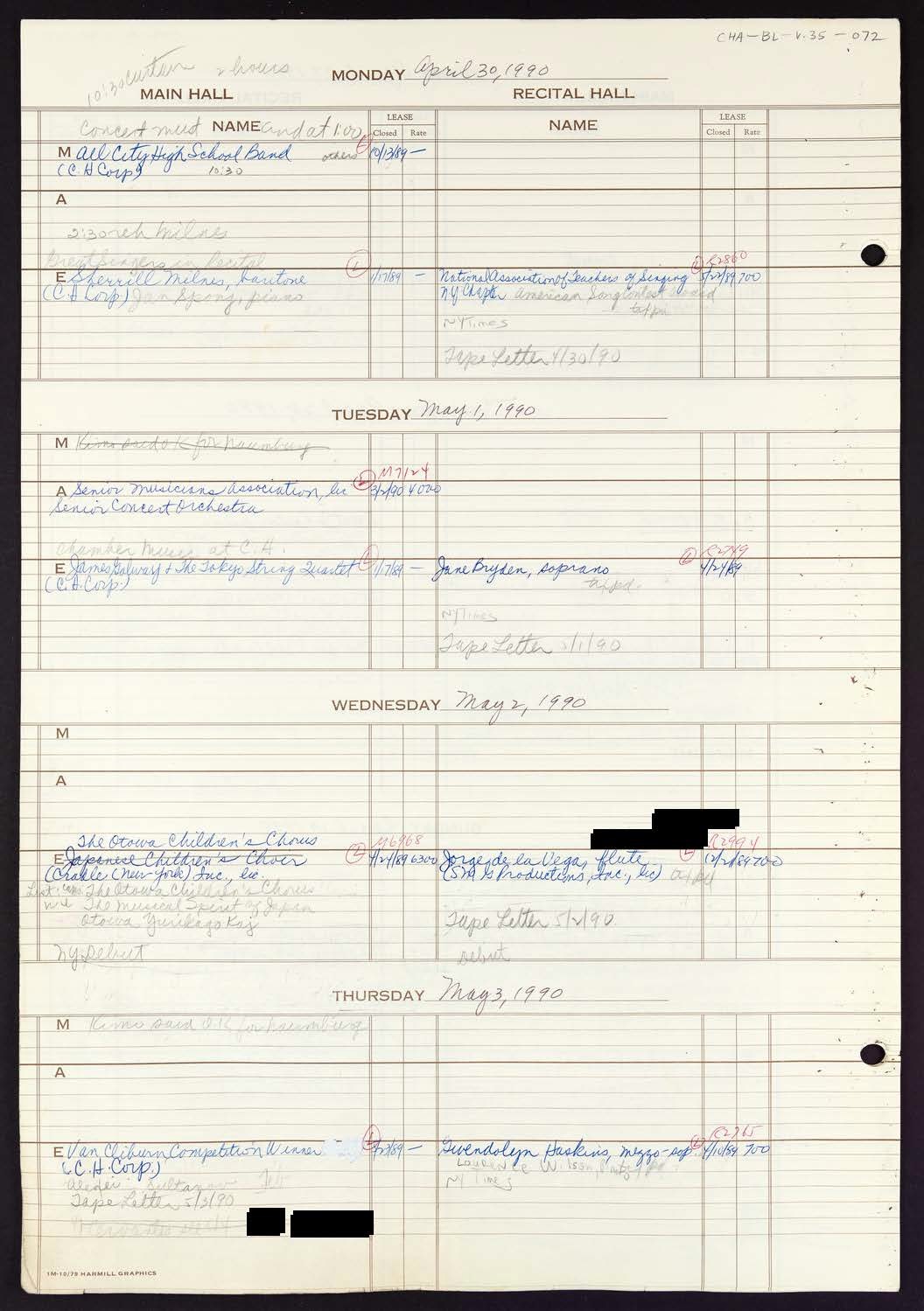 Carnegie Hall Booking Ledger, volume 35, page 72