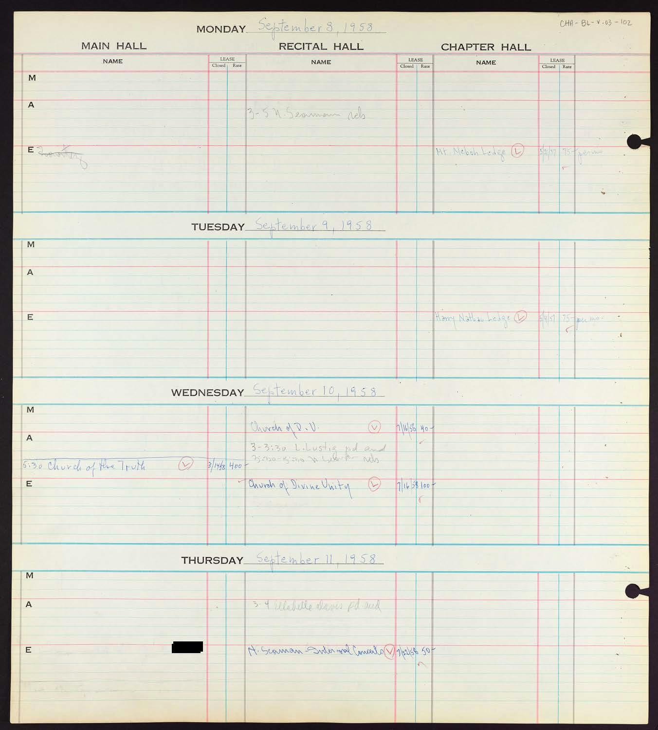 Carnegie Hall Booking Ledger, volume 3, page 102