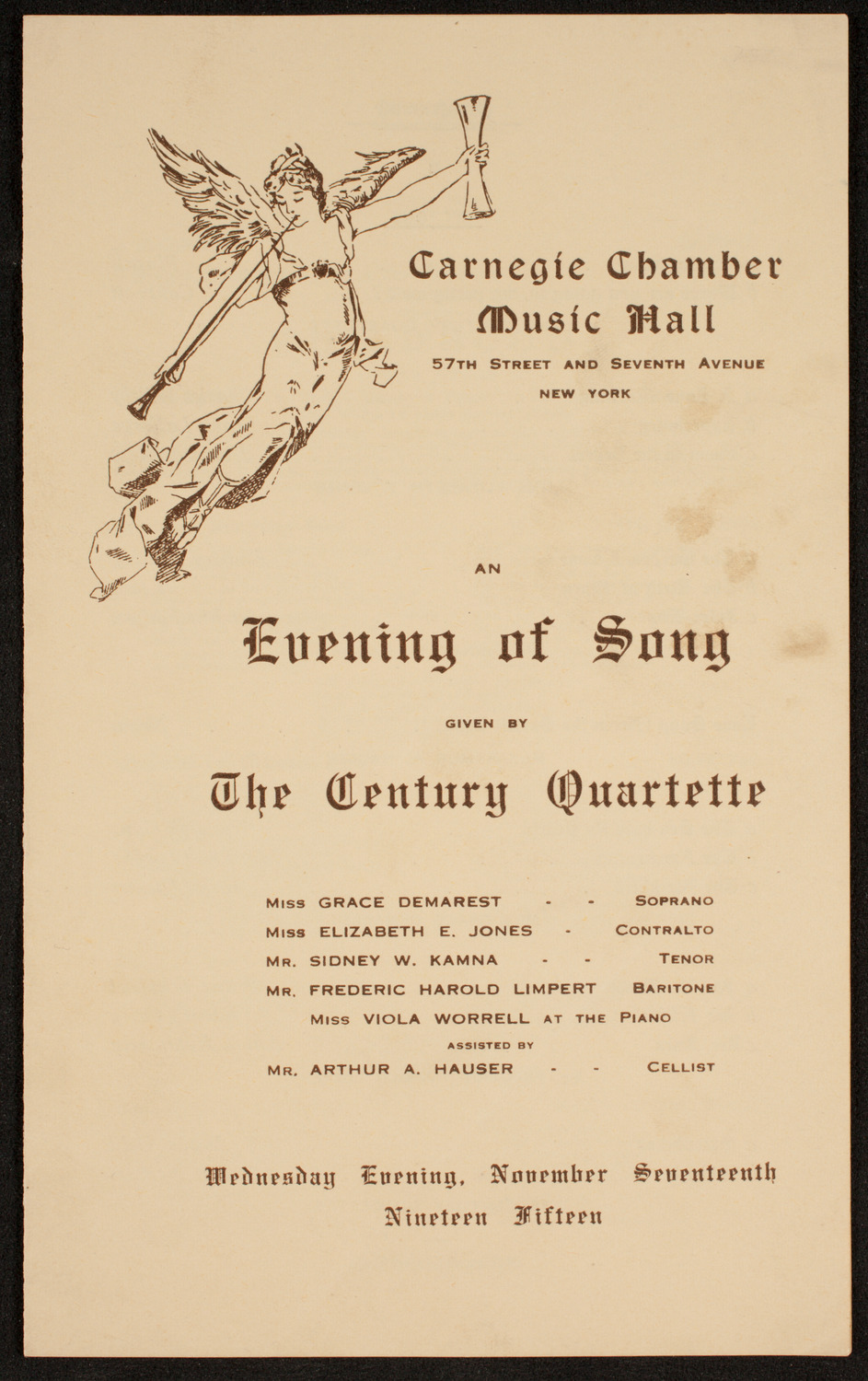 The Century Quartette, November 17, 1915, program page 1