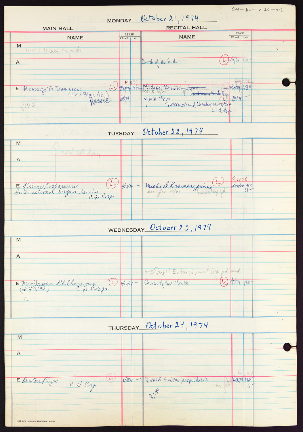 Carnegie Hall Booking Ledger, volume 20, page 16